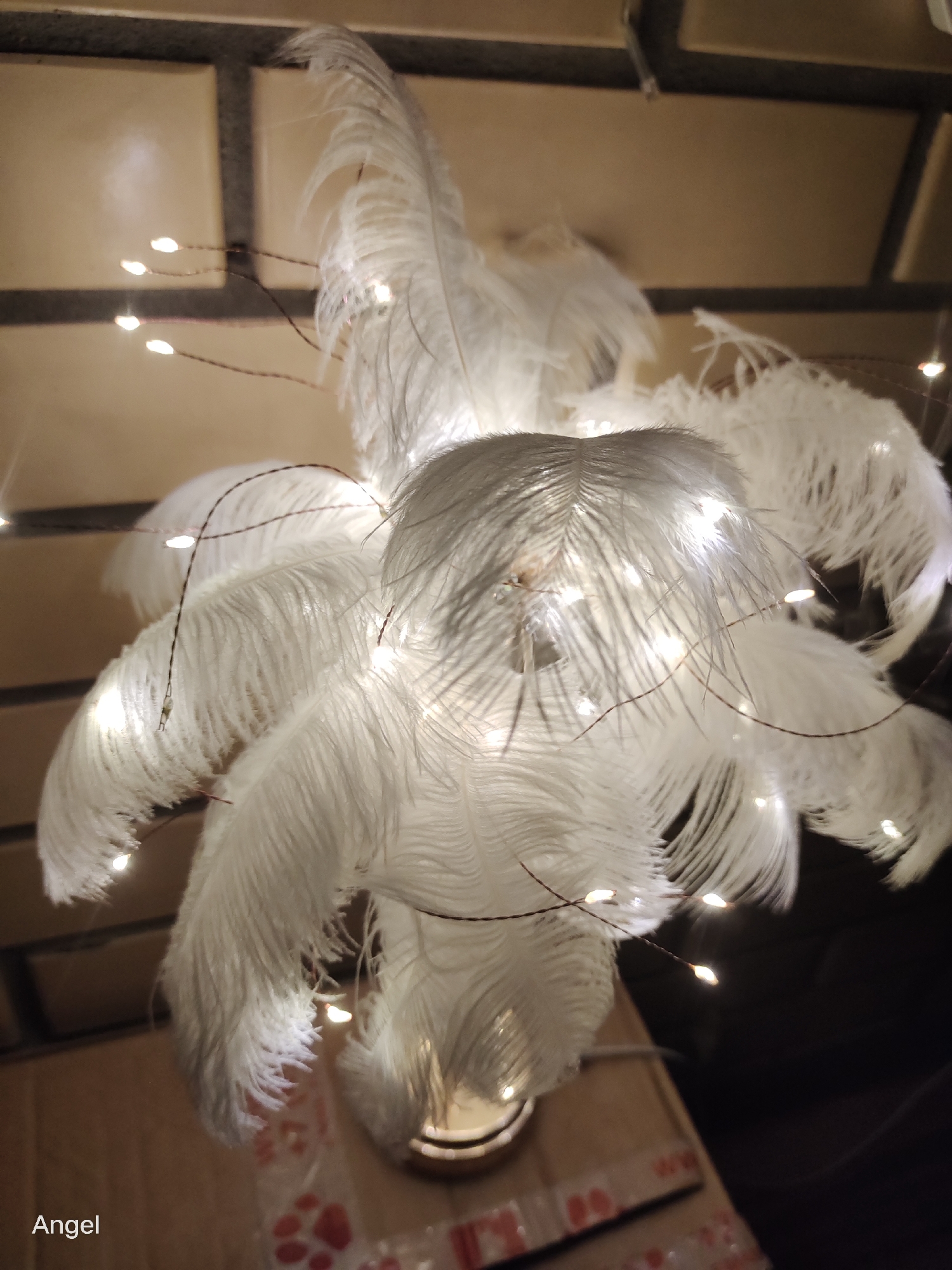 The image is a close-up shot of a decorative item made of white feathers and small LED lights. The feathers are fluffy and arranged in a circular pattern, with the lights woven through them, creating a soft glow. The background appears to be a tiled wall, possibly in a home or commercial setting. The bottom left corner of the image contains the word "Angel" in white text. There is no discernible information in the image that places it in Tula, Russia.