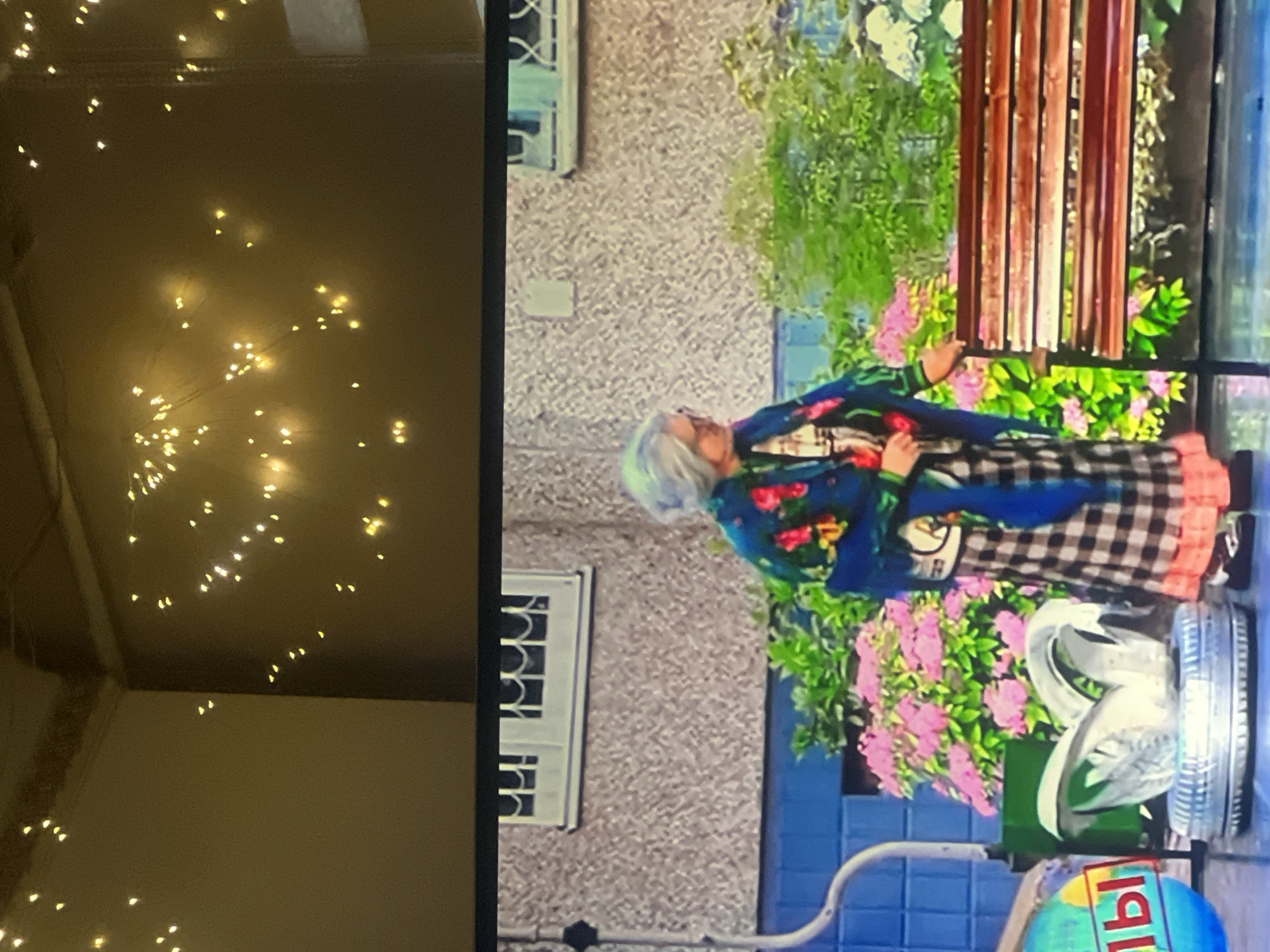 An elderly woman with gray hair and glasses is standing in front of a brick wall. She is wearing a colorful floral jacket over a plaid dress with an orange hem. She has a blue scarf around her neck and a small purse slung over her shoulder. The woman is standing to the left of a wooden bench and to the right of a large bush with pink flowers. In the foreground, to the left, there is a blue sphere with red and yellow text on it, and a silver sculpture of a swan. The scene appears to be outdoors, possibly in a garden or park. The upper part of the image shows a ceiling with strings of lights.