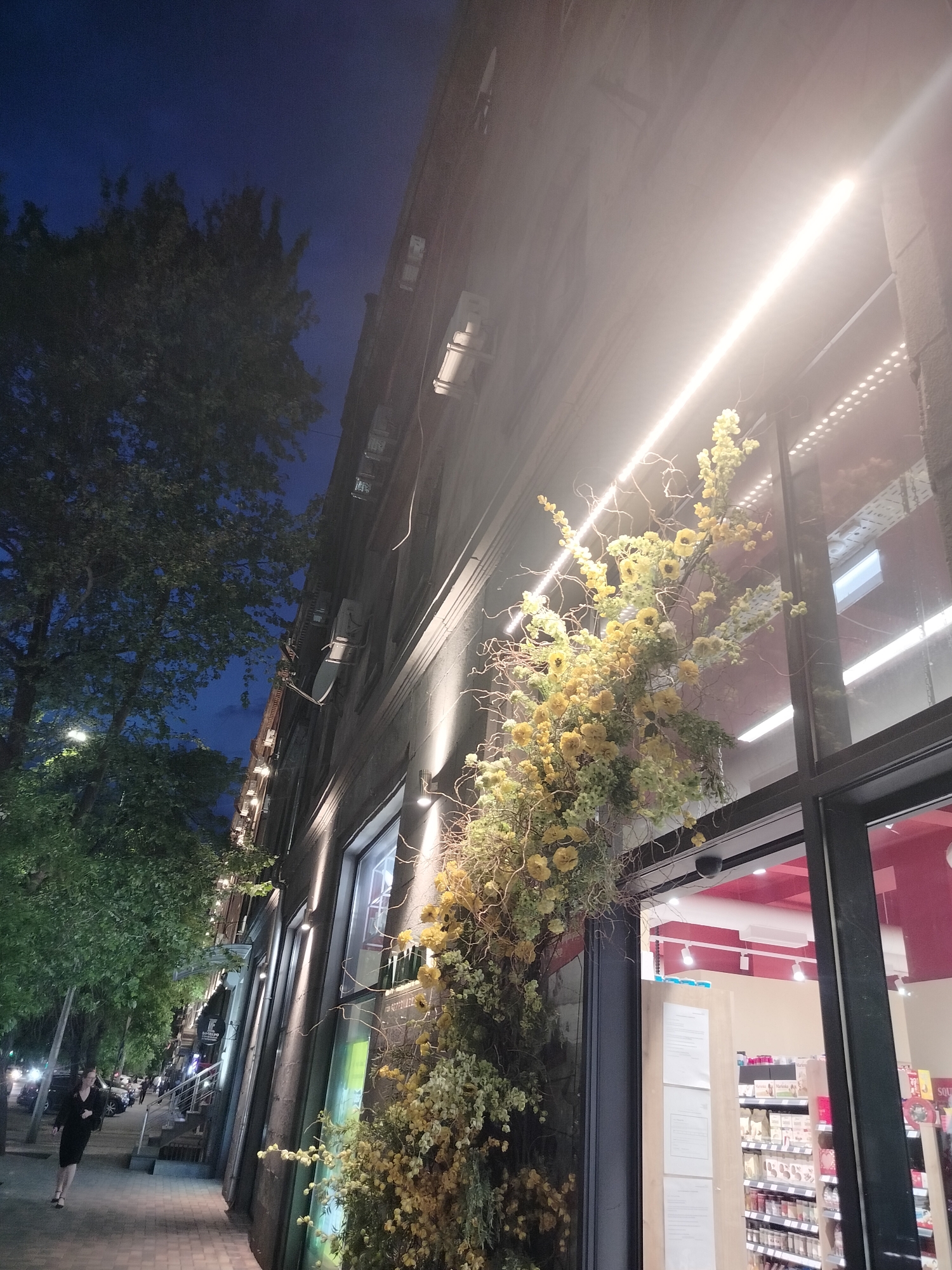 The image depicts a street scene in Yerevan, Armenia, at dusk. A woman in a dark dress walks along the sidewalk next to a building with large glass windows and doors. The building's exterior is adorned with floral decorations, including yellow flowers. The building houses a shop with shelves stocked with goods, visible through the windows. Streetlights and building lights illuminate the scene, casting shadows and reflections on the sidewalk and glass surfaces. Trees line the street, their leaves creating a canopy against the darkening sky.