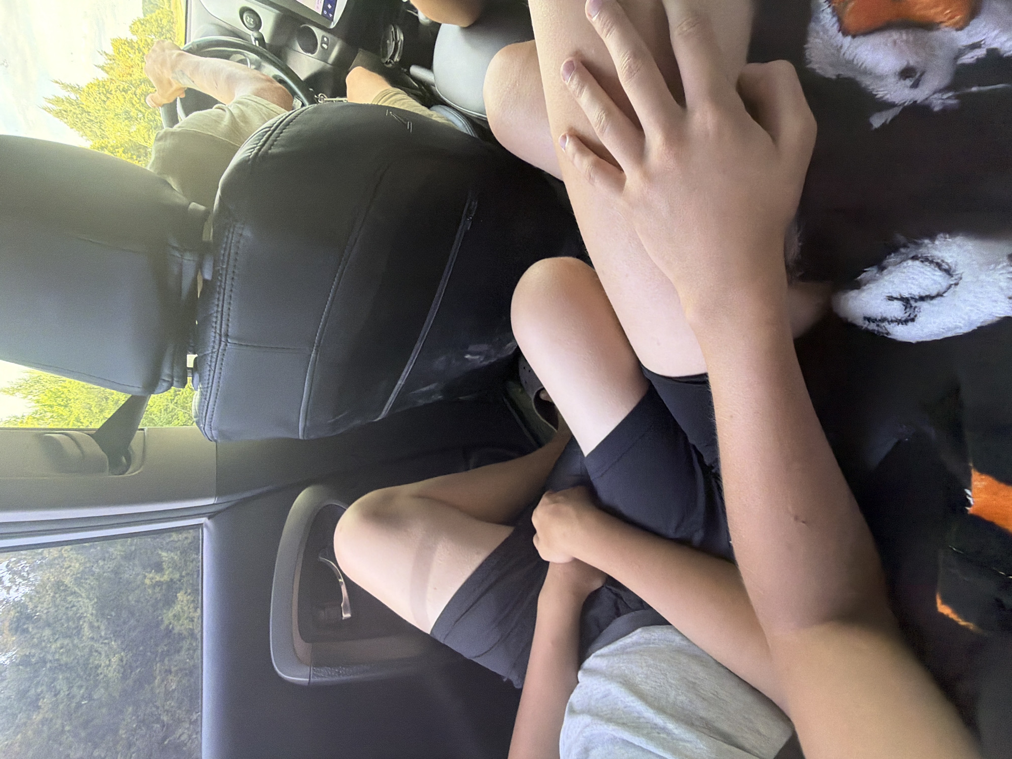 The image shows the interior of a car. A person's arms and legs are visible in the foreground, with one person's legs crossed over another's. The person in the driver's seat is visible in the background, holding the steering wheel. The car appears to be moving through a rural area with trees and greenery visible outside the windows. There is no information in the image to suggest the location is Kruglovka, Russia.