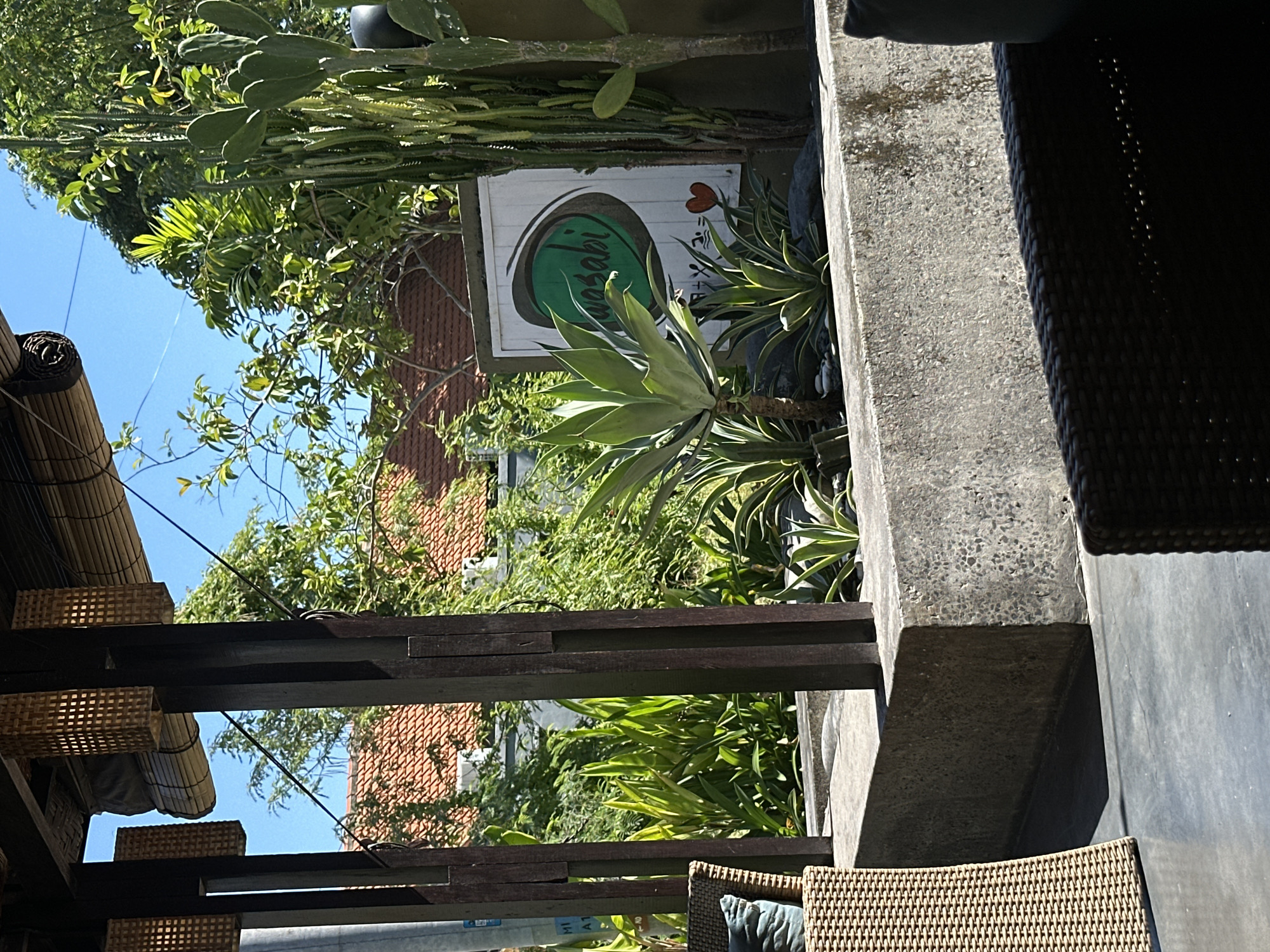 This is a medium shot photograph of an outdoor seating area with a garden. In the foreground, there are two wicker chairs, one on the left and one on the right, casting shadows on a gray floor. Between them, a concrete planter contains several succulents and a tall cactus. Behind the planter, a white sign with a green oval logo and the word "wasabi" is visible. Further back, a traditional tiled roof of a building is visible amongst lush green trees and vegetation. Overhead, a bamboo awning with hanging lanterns provides shade. The sky is clear and blue.