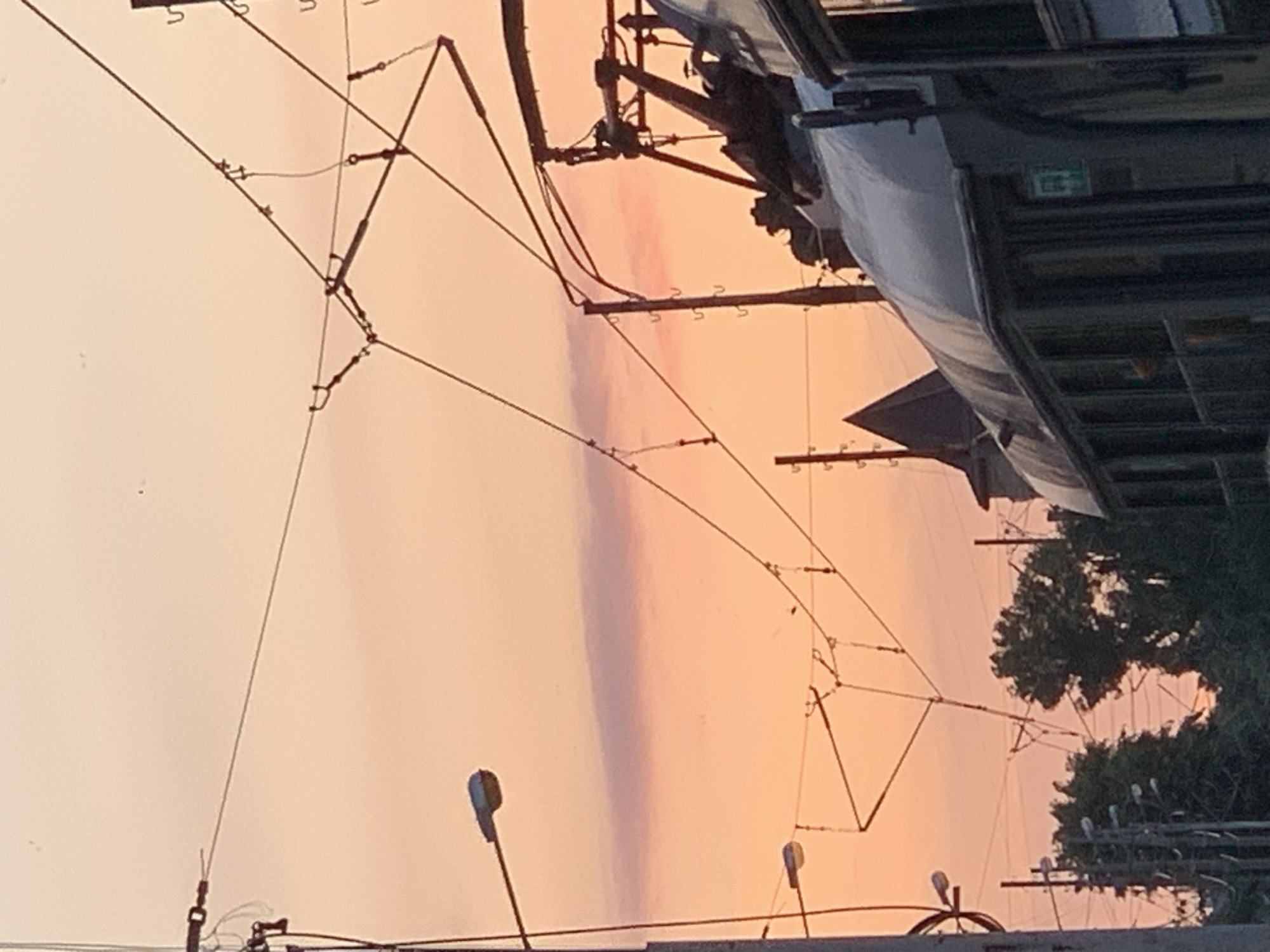 An outdoor, eye-level, medium shot captures a street scene during sunset in an unspecified urban location. The sky is awash with warm hues of orange and pink, with a subtle purple band of clouds stretching across the middle ground. A complex network of overhead tram wires dominates the upper portion of the image, crisscrossing the sky. Two streetlights are visible on the left, one positioned higher than the other. In the background, dark silhouettes of trees are interspersed with utility poles and what appears to be a church spire. A tram, partially visible on the right side of the frame, is captured from a low angle, its roof and windows showing. The tram has a reflective surface and some signage is visible on its side. The overall impression is of an urban environment bathed in the soft light of dusk, with infrastructure for public transportation prominent.