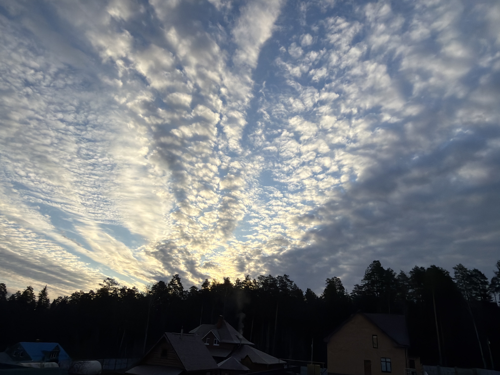 The image captures a landscape with a prominent sky featuring a pattern of scattered altocumulus clouds. The clouds are illuminated, suggesting either sunrise or sunset. A dark tree line silhouettes the horizon, behind which the sun appears to be positioned, creating a glowing effect. In the foreground, several buildings are visible, including a tan brick house with a window and several wooden structures with slanted roofs. This scene is located in a residential area of Chaikovsky, Russia.