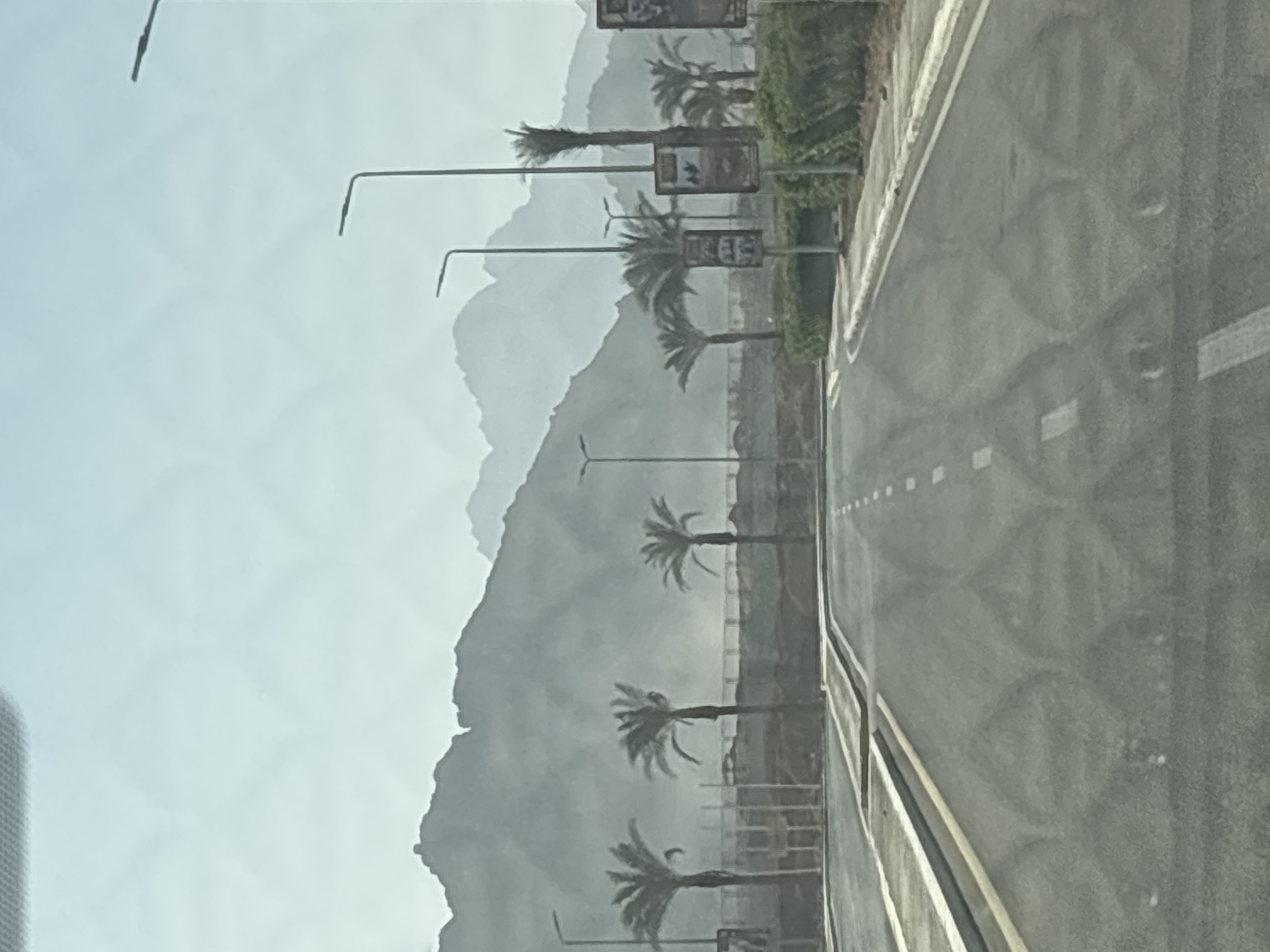 The image captures a street scene in Unknown, Unknown, featuring a road running alongside a mountain range. The road is paved and marked with white lines. Palm trees line the side of the road, interspersed with streetlights and signposts. The mountains in the background are shrouded in a light haze or mist. The perspective is from within a vehicle, looking out through a window or windscreen. The sky is overcast, contributing to the overall muted color palette of the scene.