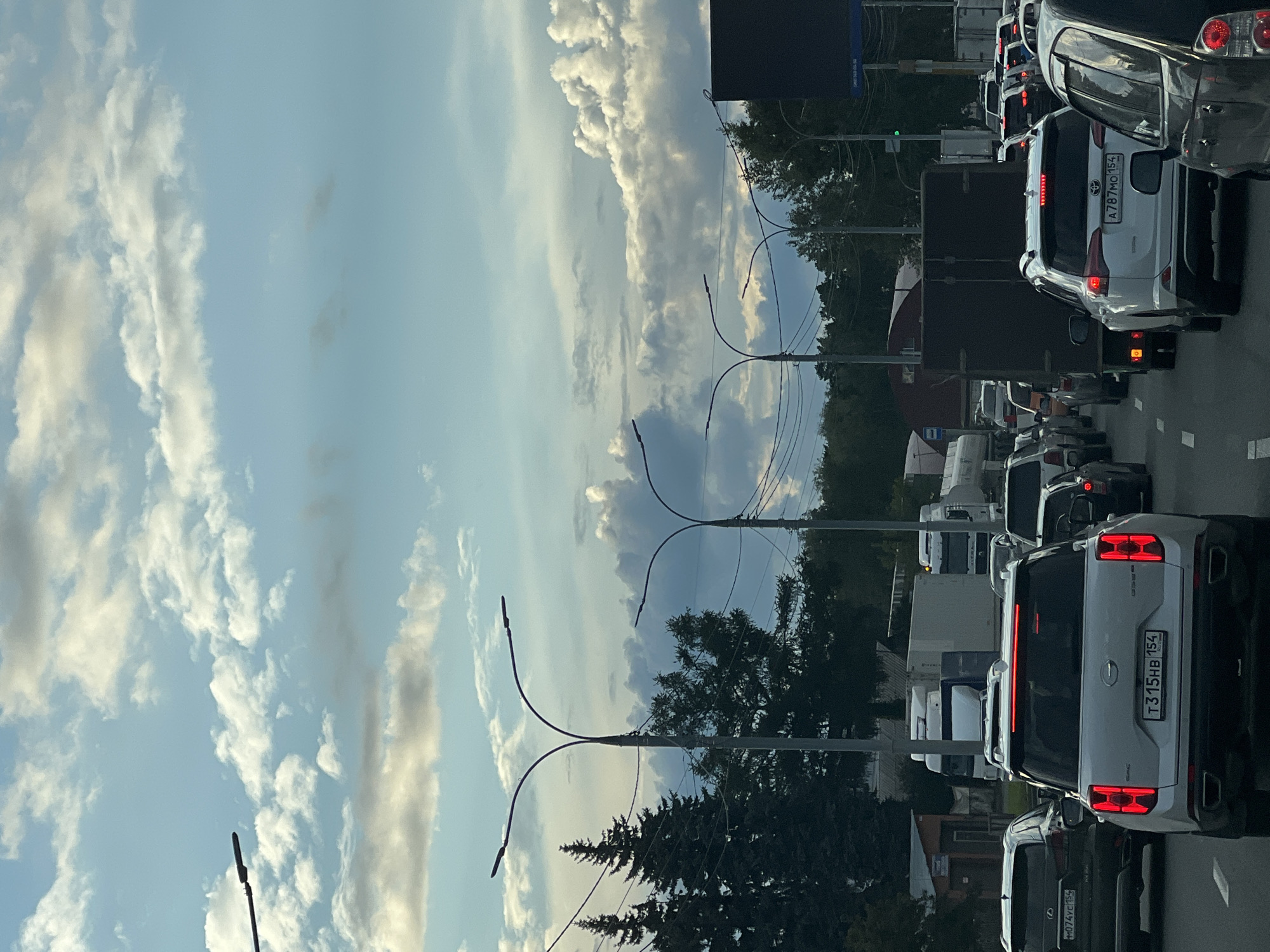 The image depicts a traffic jam on a multi-lane road in Novosibirsk, Russia, under a cloudy sky. Several vehicles are visible, including SUVs, sedans, trucks, and lorries, all stopped or moving slowly. Streetlights and power lines crisscross the scene, and tall evergreen trees line the left side of the road. In the background, industrial buildings and smaller structures are present. The overall atmosphere suggests a typical urban traffic situation during daytime hours.
