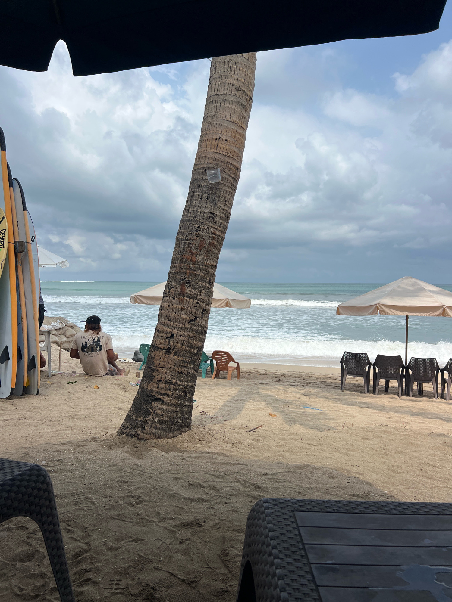 The image depicts a beach scene in Kuta, Indonesia, characterized by a palm tree in the foreground. A person is seated on the sand, facing the ocean. Surfboards are propped up to the left of the frame. Beach umbrellas and chairs are set up on the sand. The ocean is visible in the background with waves breaking on the shore under a cloudy sky.