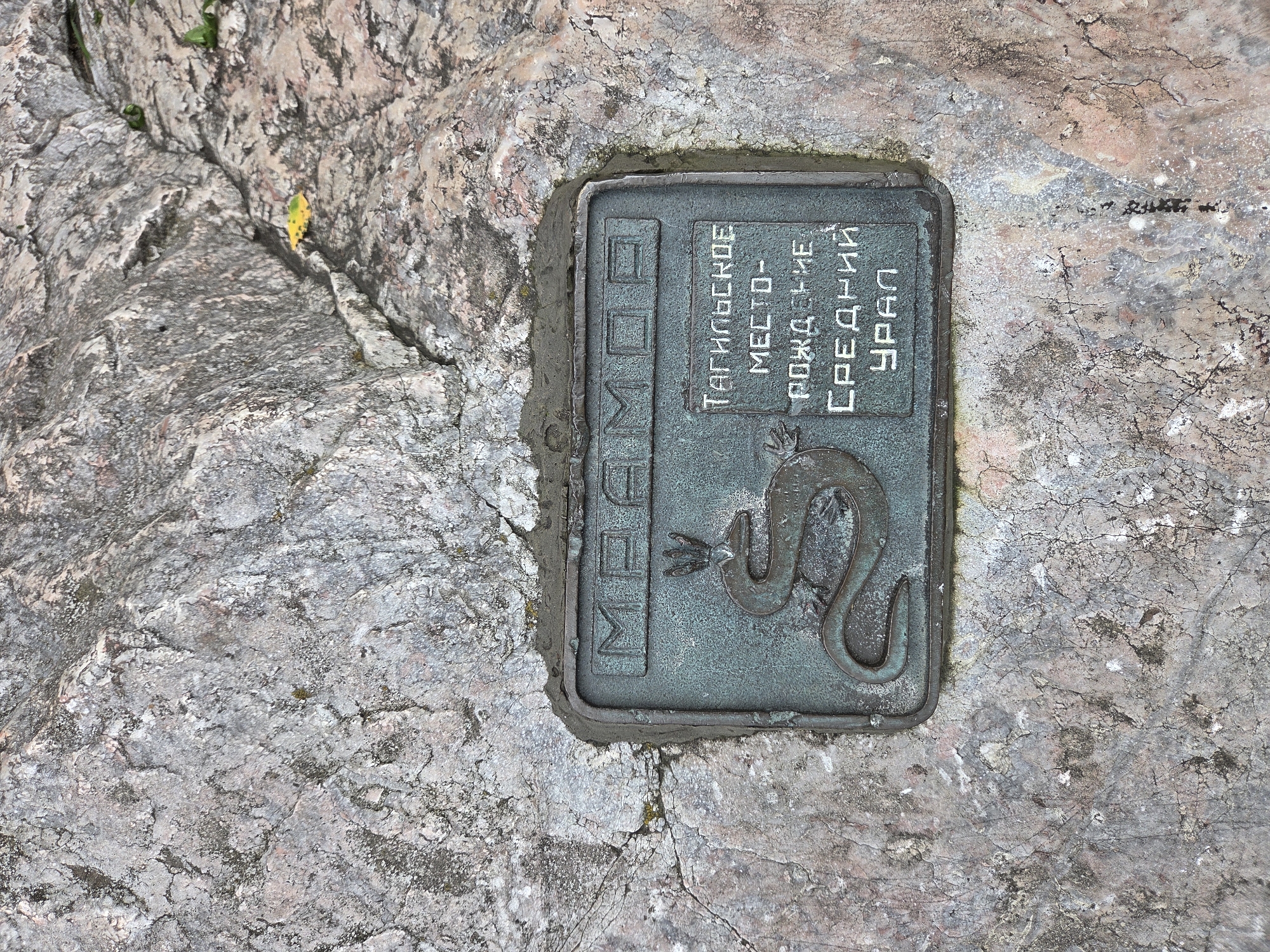 The image shows a bronze plaque on a rock face. The plaque features a coiled snake with a crown on its head, and text in Russian. The text reads: "МРАМОРА", "ТАГИЛЬСКОЕ", "МЕСТО-", "РОЖДЕНИЕ", "СРЕДНИЙ", "УРАЛ". The plaque is mounted on a rough, greyish-pink rock with some moss and lichen. A small yellow leaf is visible on the rock to the right of the plaque. The plaque is secured with cement. This is a memorial plaque located at the "Marble Place" on the Middle Urals, likely commemorating a connection to the region's marble resources or a historical figure associated with them.