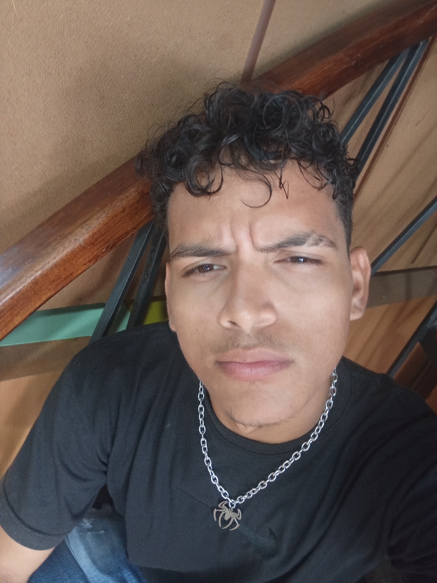 A close-up, eye-level self-portrait of a young man with tan skin, dark curly hair, and a stern expression. He is wearing a black t-shirt and a silver chain necklace with a spider pendant. The background consists of brown wooden surfaces with angled metal supports. The location is not specified, therefore location data is not known.