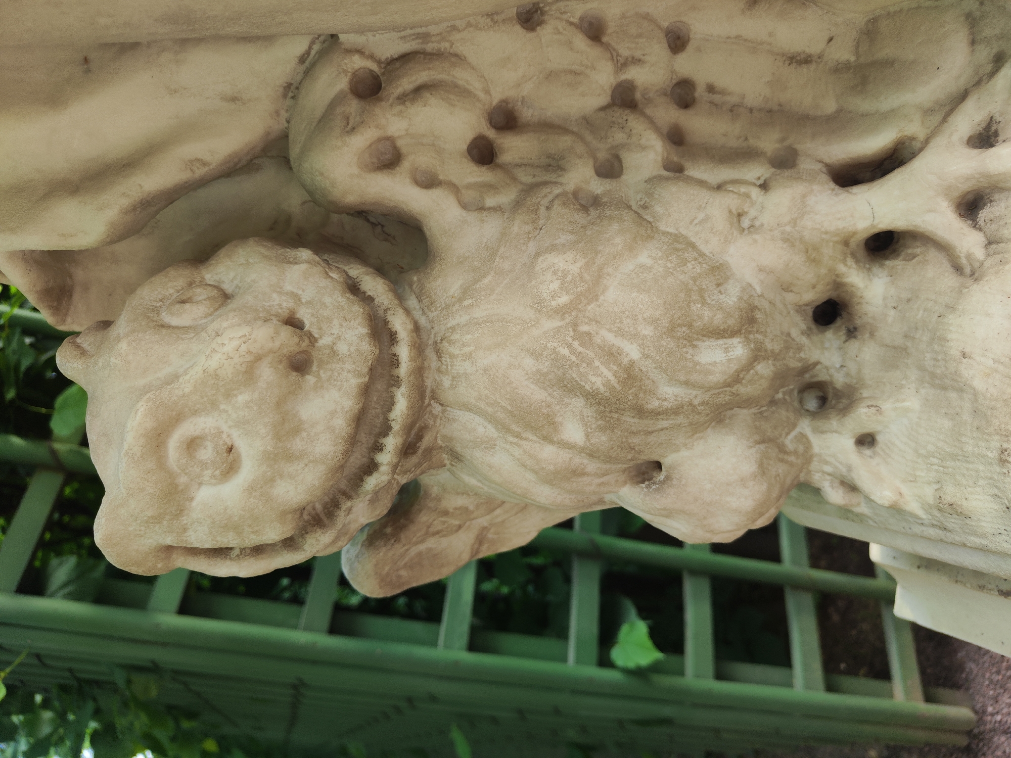 The image shows a close-up of a weathered, light-colored stone sculpture of a creature resembling a gargoyle or mythical beast. The sculpture is in a garden setting, with a blurred green lattice fence and foliage visible in the background. The sculpture has a stylized, somewhat primitive appearance with round eyes, a wide mouth, and what appear to be stubby limbs or wings. There are several small, dark holes or indentations on the sculpture's body and limbs. The lighting suggests it is daytime, and the overall impression is of an outdoor decorative element in a park or historical estate. This sculpture is located in the Mikhailovsky Garden in Saint Petersburg, Russia.
