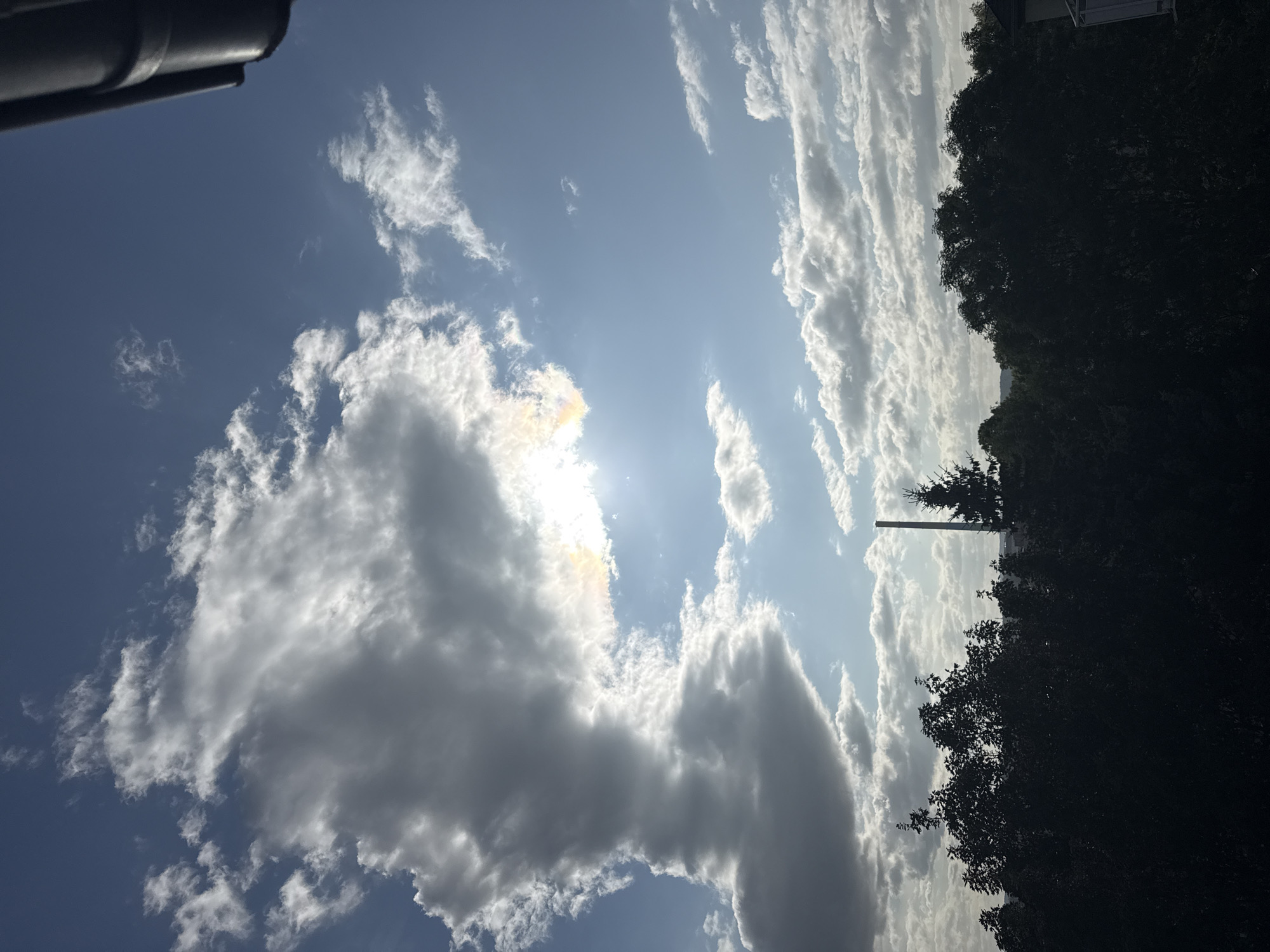 The image depicts a wide-angle view of a partly cloudy sky above a silhouette of trees and a distant industrial chimney. The sky is a clear blue, with large, cumulus clouds dominating the upper left portion of the frame. Sunlight filters through these clouds, creating a bright glow and a subtle rainbow effect. The bottom of the image is filled with the dark silhouettes of various trees, some appearing to be deciduous and others evergreen. A tall, slender industrial chimney rises above the trees on the right side of the frame, indicating an urban or industrial setting. The overall scene suggests an outdoor environment, possibly a park or the outskirts of a city, during daylight hours. The presence of the industrial chimney suggests a location within an industrial area of Chemnitz, Germany.