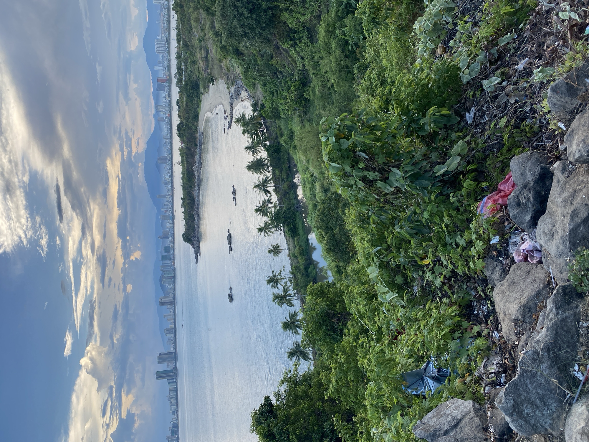 The image depicts a panoramic view of the city of Da Nang, Vietnam, seen from a vegetated hillside overlooking the sea. In the foreground, large gray rocks are scattered amongst dense green foliage, with visible trash including a blue tarp, red and purple plastic bags, and other debris. Beyond the immediate foreground, the hillside slopes down towards a small, sandy cove. A tranquil body of water, likely a river or inlet, runs parallel to the coastline, bordered by lush green vegetation and several palm trees. Further out, the vast expanse of the ocean stretches towards a distant city skyline. The city features numerous high-rise buildings, some of which appear to be under construction. In the far distance, a mountain range forms a hazy backdrop under a sky filled with dramatic, illuminated clouds.