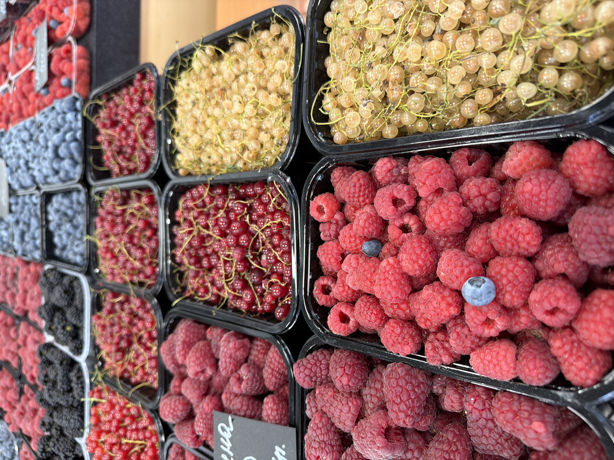 The image shows a close-up view of several plastic containers filled with various berries, arranged in rows. In the foreground, on the left, is a container of raspberries, and to its right, a container of white currants. Above these, to the left, is a container of red currants, and to its right, another container of red currants. Further back, there are containers of raspberries, blackberries, and blueberries. The berries appear to be for sale, likely at a market or grocery store. The lighting suggests an indoor setting. The image does not provide any specific information about its location in Saint Petersburg, Russia, or the presence of any people.