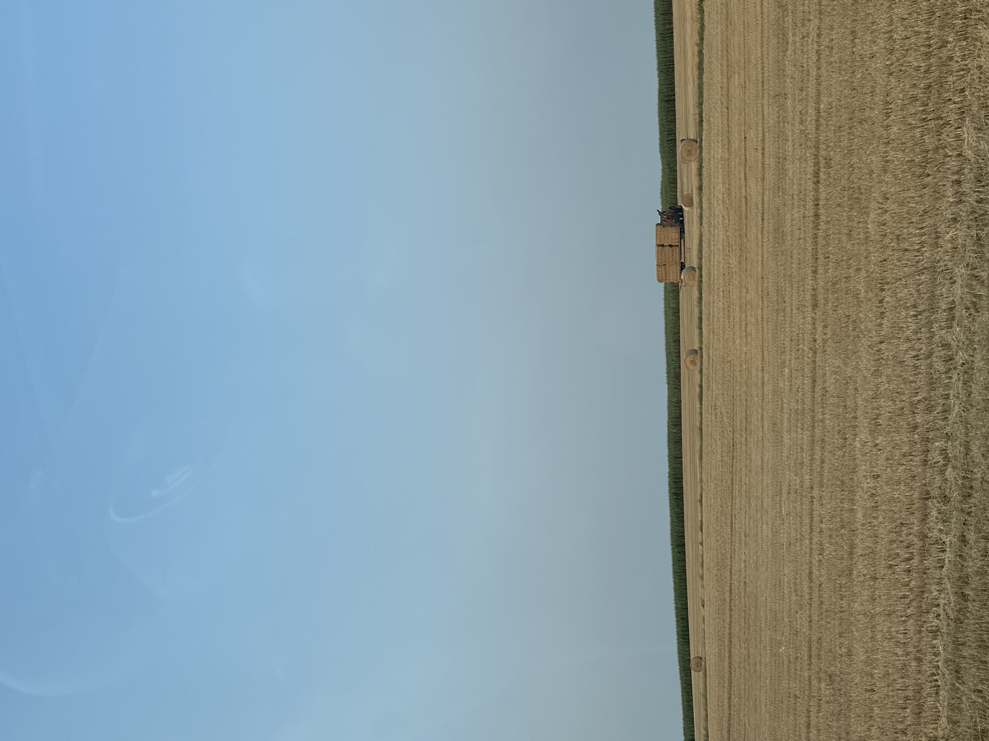 An eye-level, full shot captures a vast, golden-hued field of harvested wheat under a pale blue sky. The field is dotted with several large, round hay bales and a trailer loaded with rectangular bales, being pulled by a red tractor. In the background, a dark green line of trees or crops separates the field from the horizon. The overall impression is of a rural, agricultural landscape on a clear day. The location is Geichlingen, Germany.