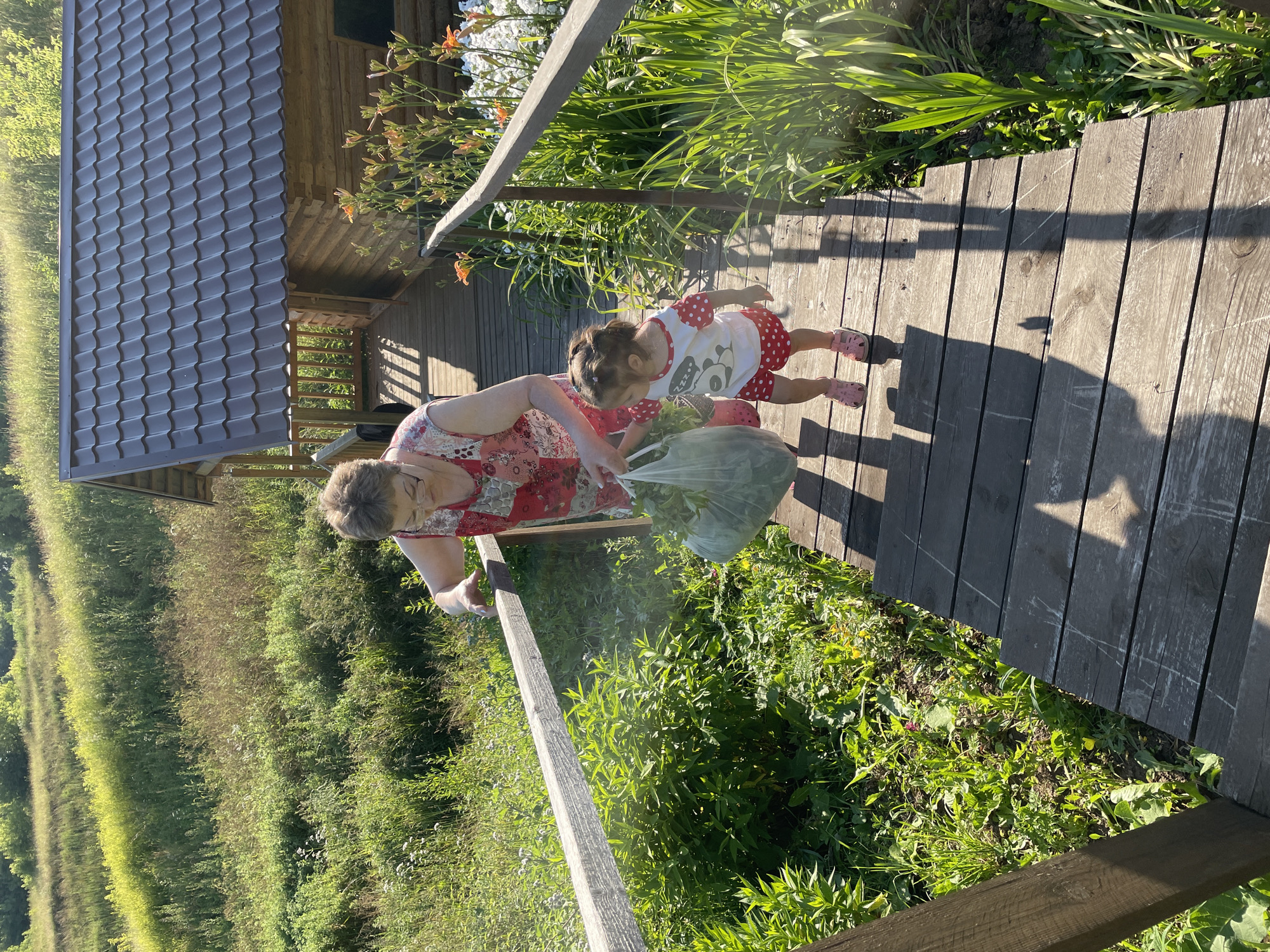 A woman and a young child are on a wooden walkway next to a building with a dark, wavy roof. The woman is wearing a red and white patterned dress, and the child is wearing a white shirt with red polka dots and red shoes. The child is holding a clear plastic bag filled with green leaves. They are surrounded by lush green vegetation and plants, some of which have orange flowers. The sun is shining, casting shadows on the wooden walkway, suggesting it is a sunny day. The scene appears to be outdoors, possibly in a garden or rural setting. The overall mood is peaceful and domestic. The image is oriented vertically.