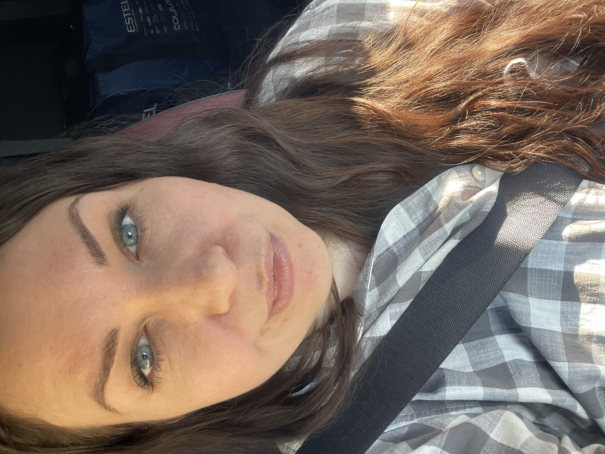 A frontal, close-up portrait of an adult female is presented, observed in what appears to be a vehicle in Urtalga, Russia. She possesses long, wavy brown hair, blue eyes, and fair complexion, with her gaze fixed directly at the viewer. She is clad in a grey and white plaid button-up shirt and secured by a black vehicle seatbelt extending diagonally from her left shoulder to her right hip. A slender metallic chain is visible at her lower neck. The immediate background features a dark blue upholstered surface, displaying the white text "ESTEL" and partially visible "COLOUR", consistent with a Russian brand. Illumination suggests natural light from the left.