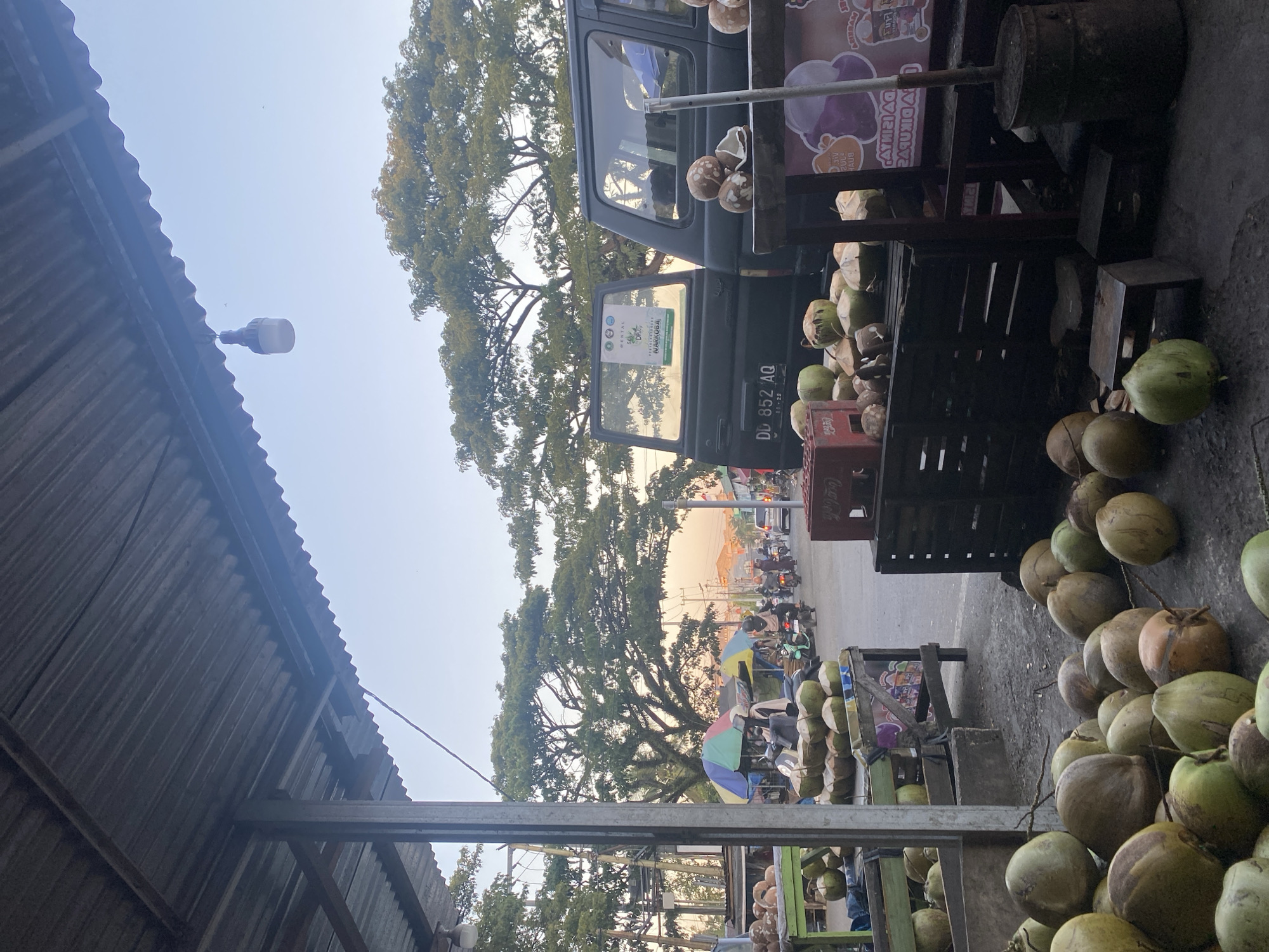 The image depicts an outdoor market scene in Ta', Indonesia, likely during the early morning or late afternoon, given the lighting conditions. The foreground is dominated by a large pile of coconuts scattered on the ground and displayed on wooden crates. Behind the coconuts, a dark-colored SUV is parked, with its driver's side door open. A sign is visible on the inside of the driver's door, featuring text and graphics related to "NARKOBA."
Further in the background, a street bustles with activity. Several motorbikes and a car are visible, along with people walking and shopping. Colorful umbrellas of various stalls line the street, suggesting a vibrant market environment. Large trees with lush green foliage frame the background, and a corrugated metal roof extends from the left side of the frame, covering part of the market stalls. The overall impression is a busy local marketplace with a focus on fresh produce, specifically coconuts, integrated into the daily life of the community.