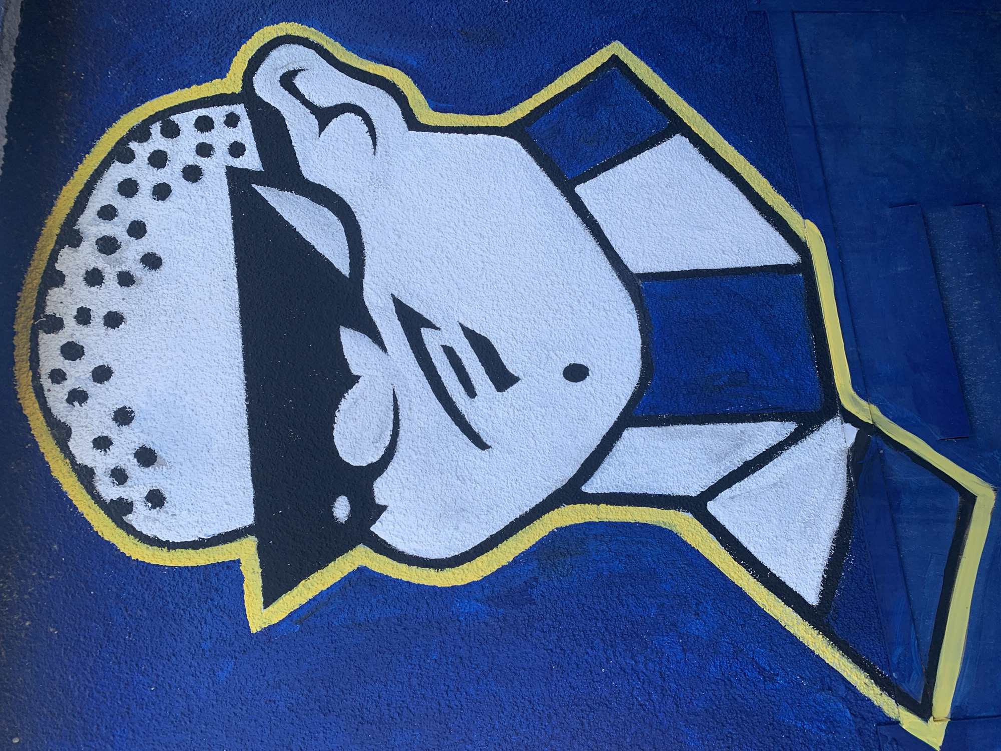 A graffiti mural of a stylized head wearing sunglasses and a checkered scarf is painted on a textured blue wall in Podgorica, Montenegro. The head is white with black dots on the top of the head, representing hair. Black sunglasses cover the eyes. The scarf is black and blue checkered. A yellow outline surrounds the head and scarf. The lower portion of the mural depicts a blue surface with yellow lines. The artwork is located on an exterior wall, likely a building facade.