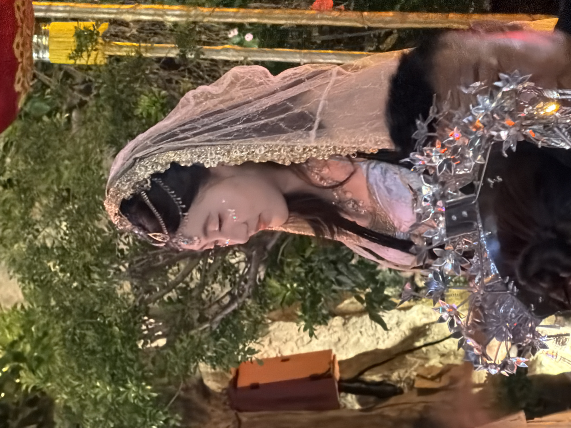 A young woman, adorned in a traditional costume and a jeweled headpiece, is shown in profile, looking down. She is wearing a delicate veil with gold trim, and her face is highlighted with shimmering makeup. In the foreground, a person's head is partially visible, their face obscured by a decorative, flower-shaped headpiece. The background consists of lush greenery, illuminated by warm lighting, suggesting an outdoor or elaborately decorated setting, possibly in Yuzhong District, China, given the context of traditional attire.