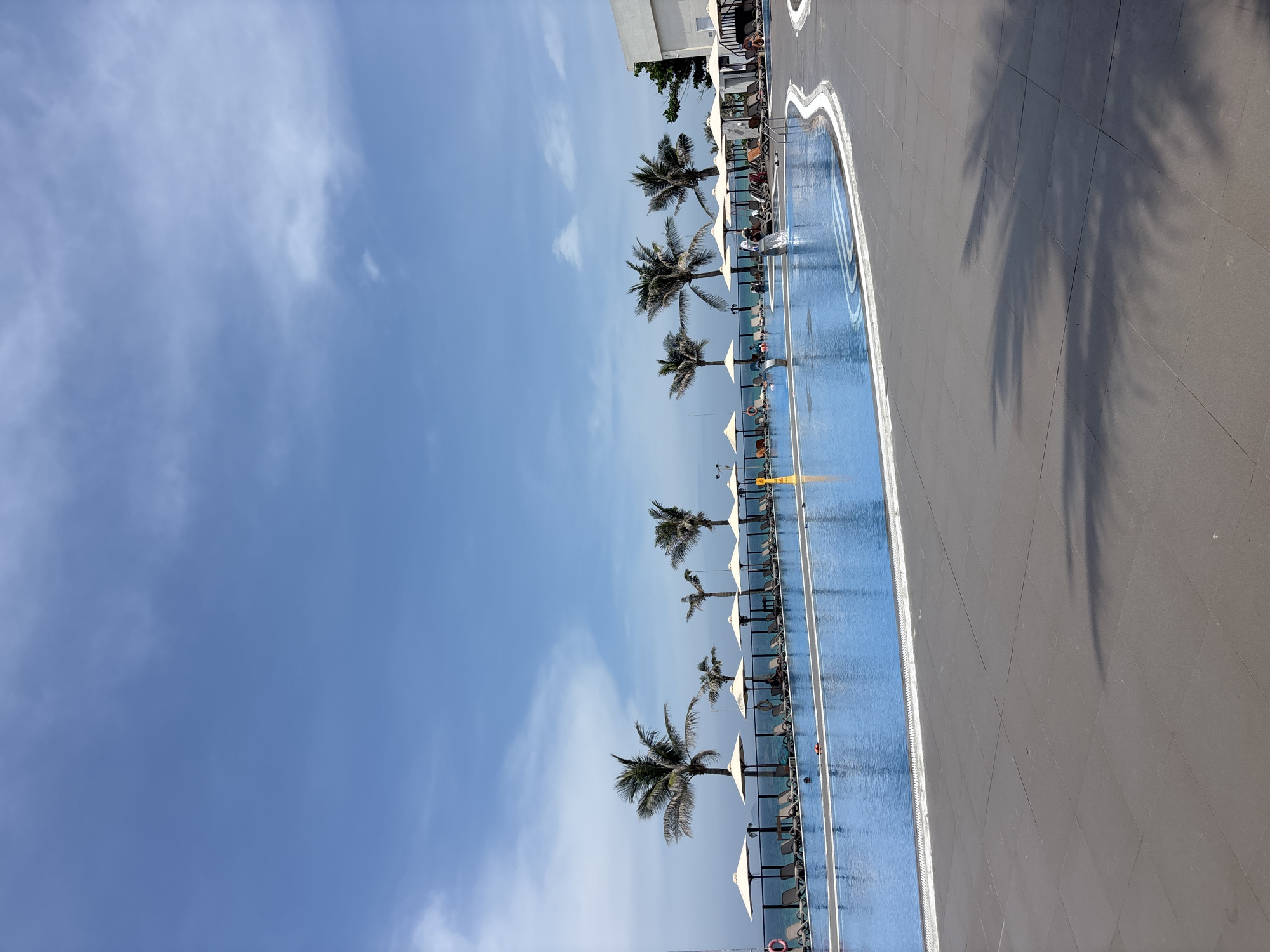 A wide-angle shot captures an outdoor swimming pool on a sunny day. The pool, filled with clear blue water, takes up the majority of the frame, with a curved edge in the foreground. Several lounge chairs with umbrellas are visible lined up along the pool's edge, separating it from the ocean in the background. Palm trees are dotted between the umbrellas. A building, possibly a hotel or resort, is visible on the right side of the image, partially obscured by trees. The sky above is a bright blue with scattered white clouds.