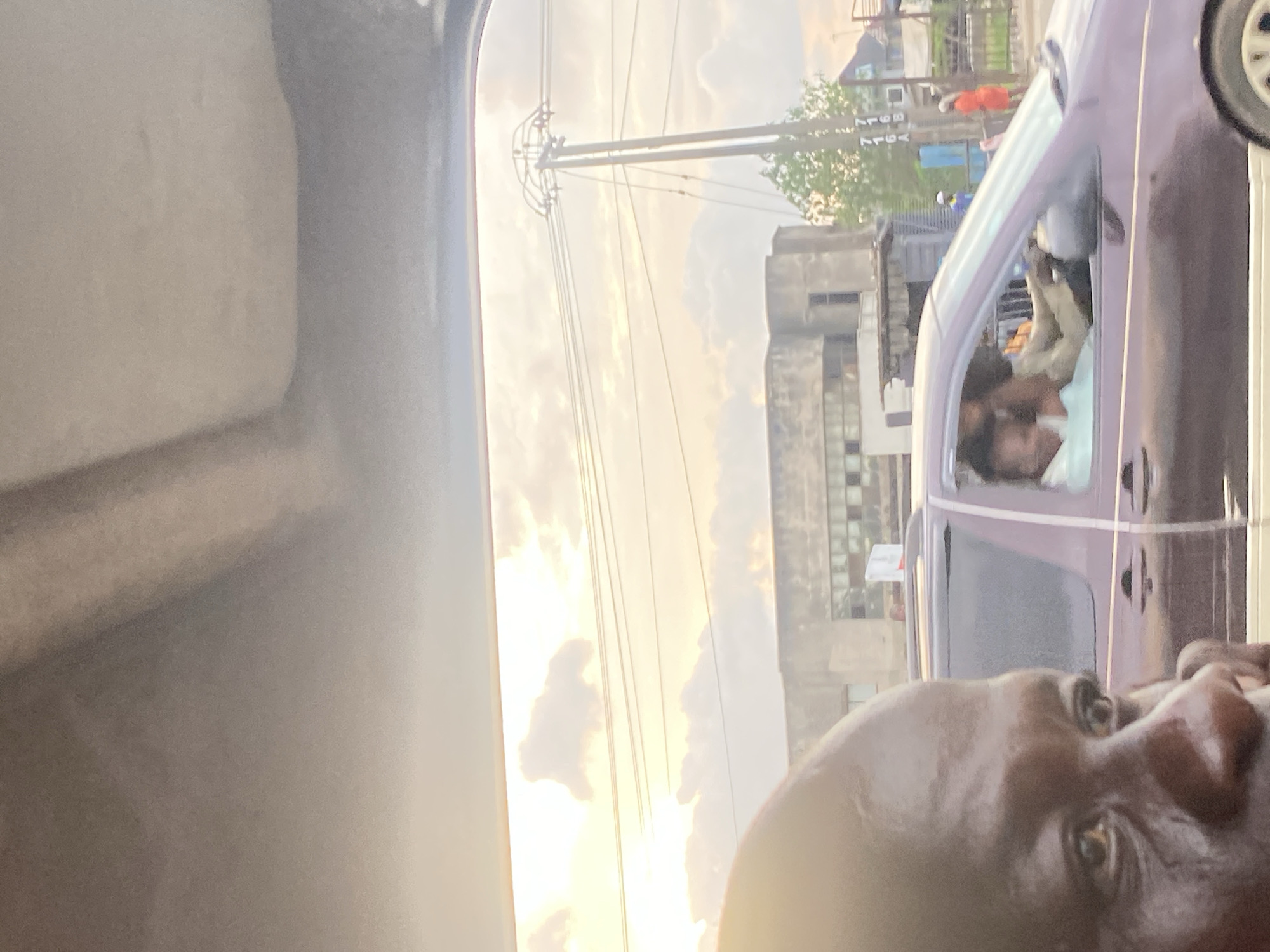 The image depicts a street scene in Lagos, Nigeria, as evidenced by the architecture and the presence of a vehicle with a tinted window that suggests a common mode of transport in the city. A man's face is visible in the foreground, taking up a significant portion of the left side of the frame. His features are dark, and his expression is neutral as he looks to the right. Behind him, a purple minivan is in motion, its windows partially obscuring the occupants. A man is driving the minivan, and another person is seated in the passenger seat. The background shows a line of buildings, a utility pole with overhead wires, and trees. The sky is overcast with hints of the setting sun. The overall impression is of a typical urban environment in Lagos.