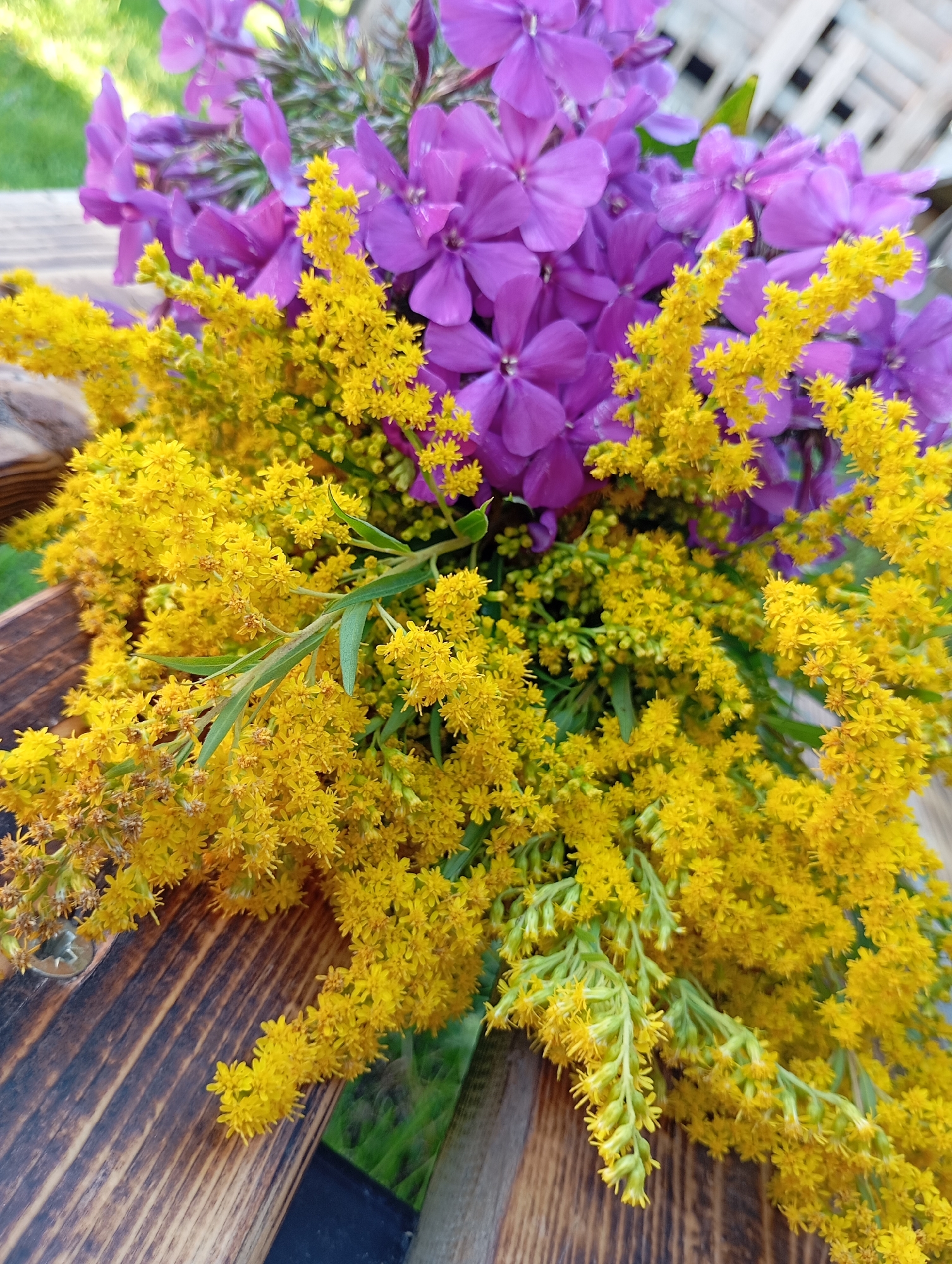 A close-up, vertical, eye-level, outdoor, natural light shot features a bouquet of bright yellow goldenrod flowers layered in front of a collection of vibrant purple flowers. The bouquet rests on a weathered, dark brown wooden surface with visible grain patterns and vertical planking. In the background, slightly out of focus, is a white lattice fence and hints of green grass.