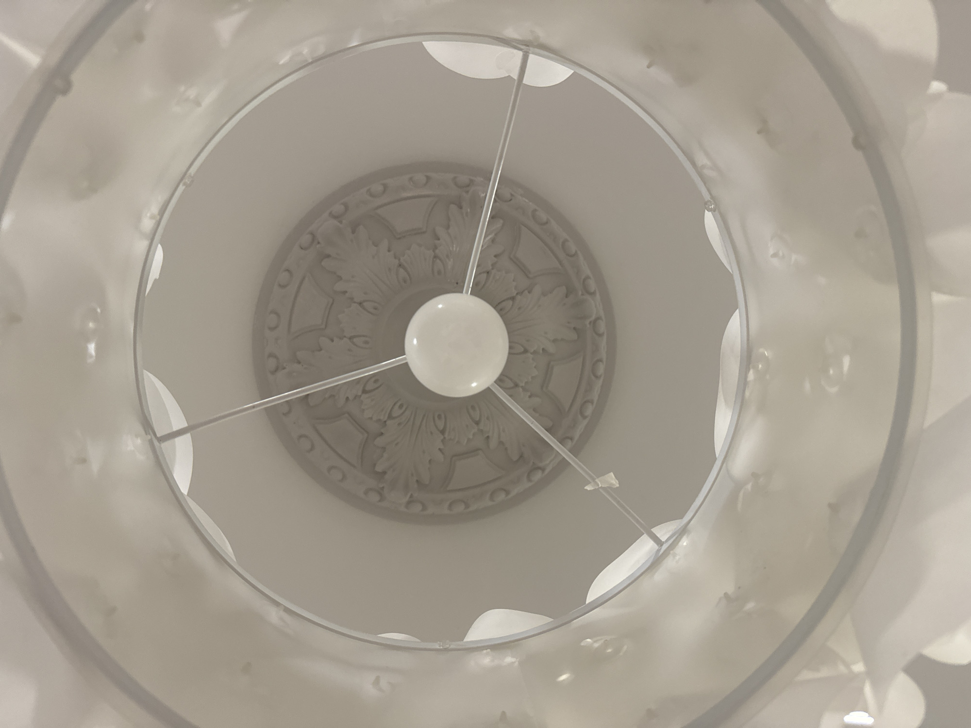 The image presents an upward-looking view into a ceiling light fixture, set in an indoor environment. A prominent white, translucent lampshade, possibly cylindrical or slightly conical, frames the central elements of the fixture.
At the core of the light fixture, a spherical white object, which appears to be a lightbulb or a decorative diffuser, is suspended. Three slender, light-colored rods extend outwards from this central sphere, providing structural support by connecting to the outer ring of the lampshade.
Above and beyond the lampshade, a white ceiling is visible. Centered on the ceiling is an ornate, circular medallion, rendered in relief. This medallion features intricate decorative patterns, including what appears to be stylized floral or foliate motifs, surrounded by a scalloped or beaded edge. The design of the medallion suggests a classical or traditional architectural style.
The overall color scheme of the image is dominated by shades of white and light gray, contributing to a clean and somewhat airy aesthetic. The light fixture itself appears to be unlit, or designed for indirect illumination, as there are no strong shadows cast by a direct light source. No specific activity or event is taking place, and no individuals are present. The image does not contain any visible text. The detail in the ceiling medallion hints at an older or more decorated interior, consistent with architectural styles that can be found in locations like Krasnoyarsk, Russia.