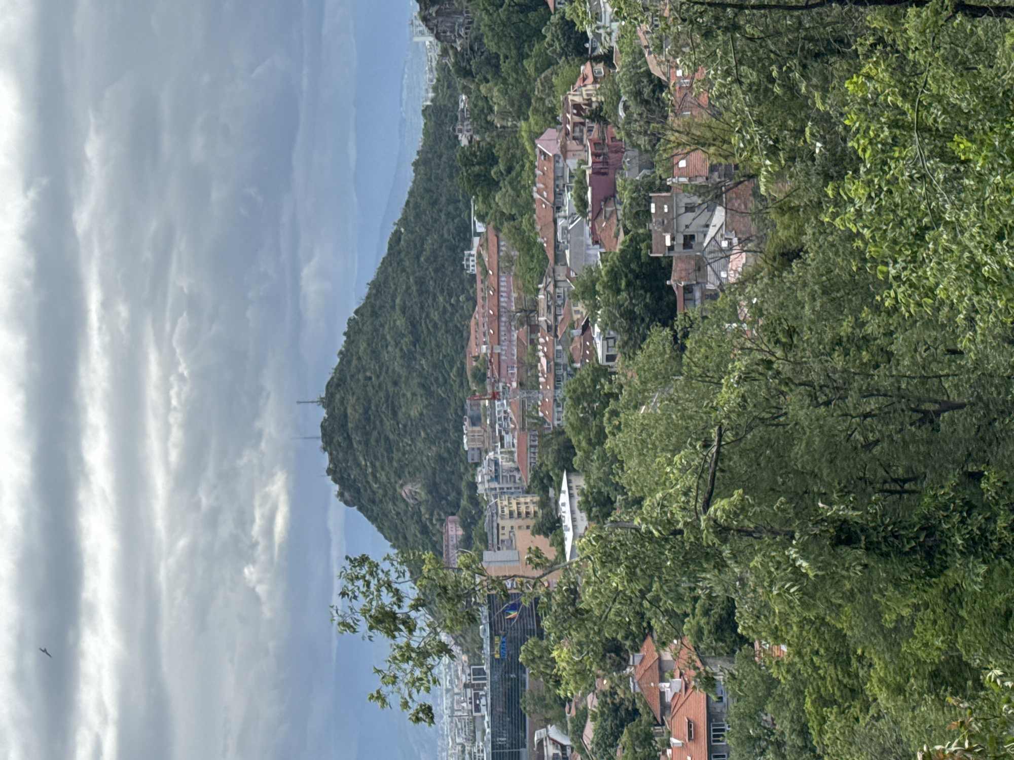 The image shows an elevated view of the city of Plovdiv, Bulgaria. In the background, there is a green, forested hill. The city consists of buildings with red tiled roofs and modern construction that is interspersed with trees. The cloudy sky is visible above the hill. In the foreground, there are green trees that partially obscure the view of the city. The image may have been taken on Nebet Tepe, one of the city's hills.
