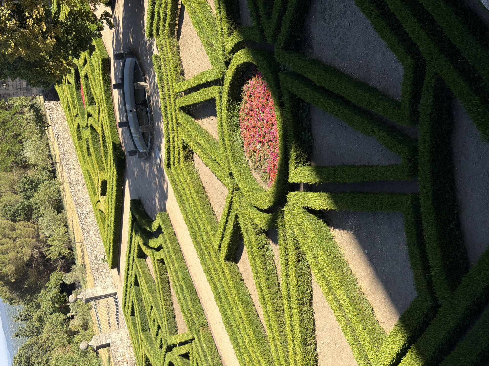 The image depicts a formal garden with meticulously manicured hedges forming intricate geometric patterns. The hedges are a vibrant green and create pathways and enclosed spaces. In the center of the foreground, a circular bed of red and pink flowers adds a splash of color. A shallow, circular fountain with stone pillars is visible in the mid-ground. Beyond the garden, a stone wall runs horizontally, with a decorative metal gate and stone pillars to the left. A dense green forest with various trees covers the background, suggesting a natural landscape surrounding the garden. The scene is bathed in sunlight, casting distinct shadows across the gravel paths and hedges. The image appears to have been taken from a slightly elevated position, providing a broad view of the garden's layout. The location is the Jardines del Parterre in San Lorenzo de El Escorial, Spain, part of the Royal Site of San Lorenzo de El Escorial.
