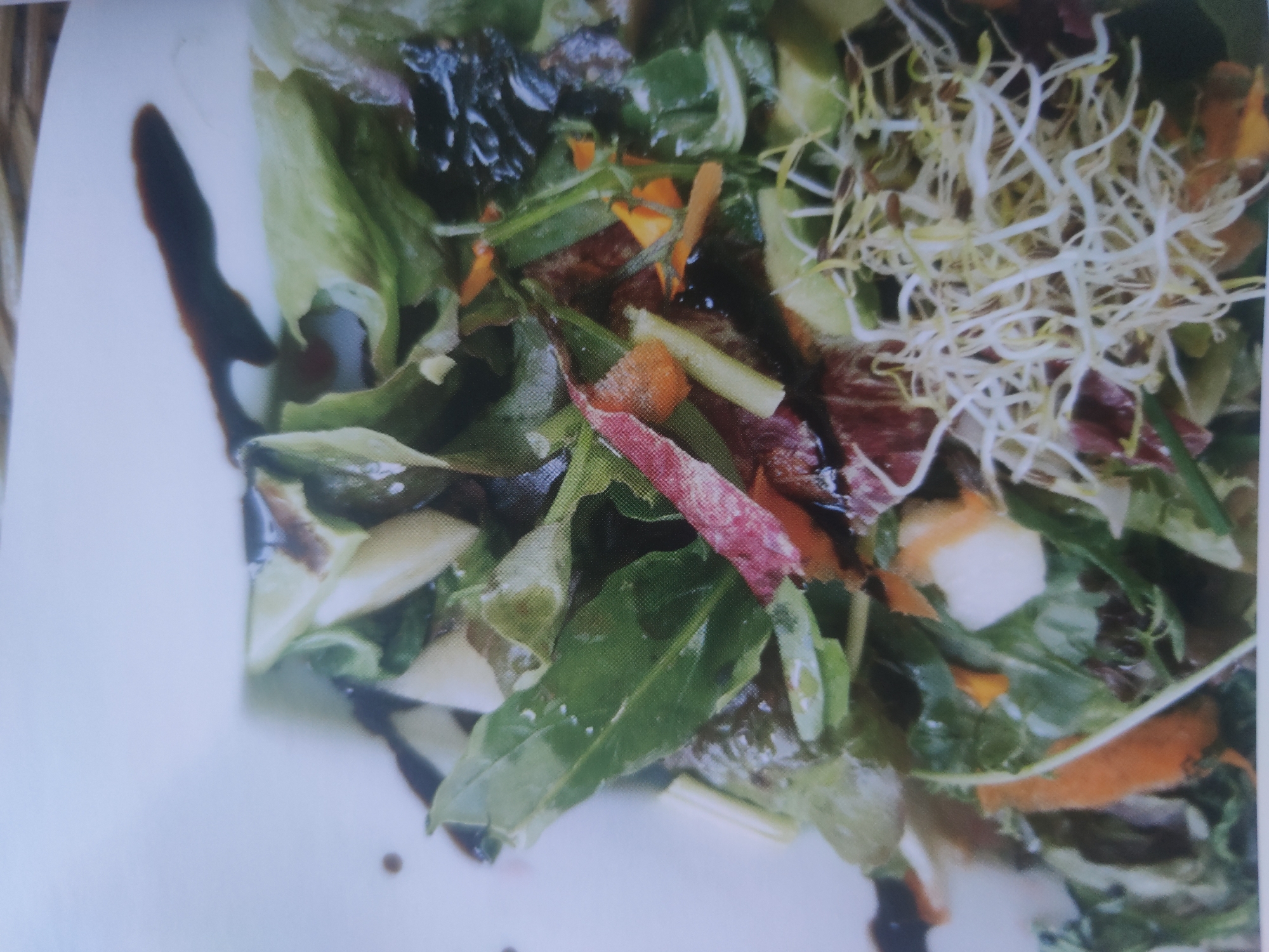 The image depicts a salad on a white plate. The salad contains various greens, including lettuce and other leafy vegetables. There are also sprouts, shredded carrots, and a dark, possibly balsamic, glaze drizzled on the side. The location appears to be a restaurant setting in an unknown city.