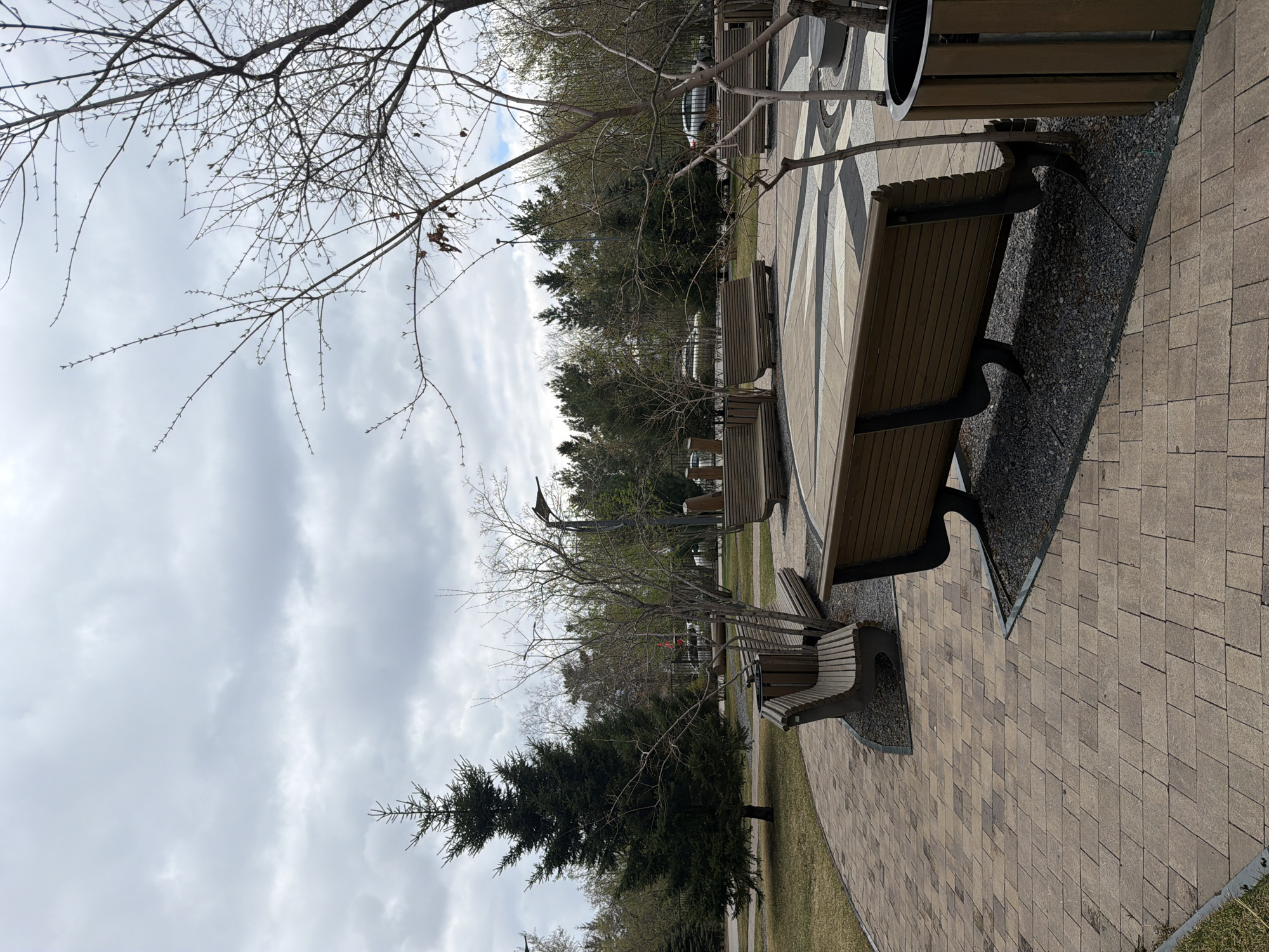 The image shows a park in the city of Krasnoyarsk, Russia. The park features a curved arrangement of benches and tables, constructed of light-colored wood and dark metal supports. The seating areas are surrounded by gravel and brick paving. Thin trees are planted between the benches, with one larger, evergreen tree also visible. The background reveals more trees and a cloudy sky.