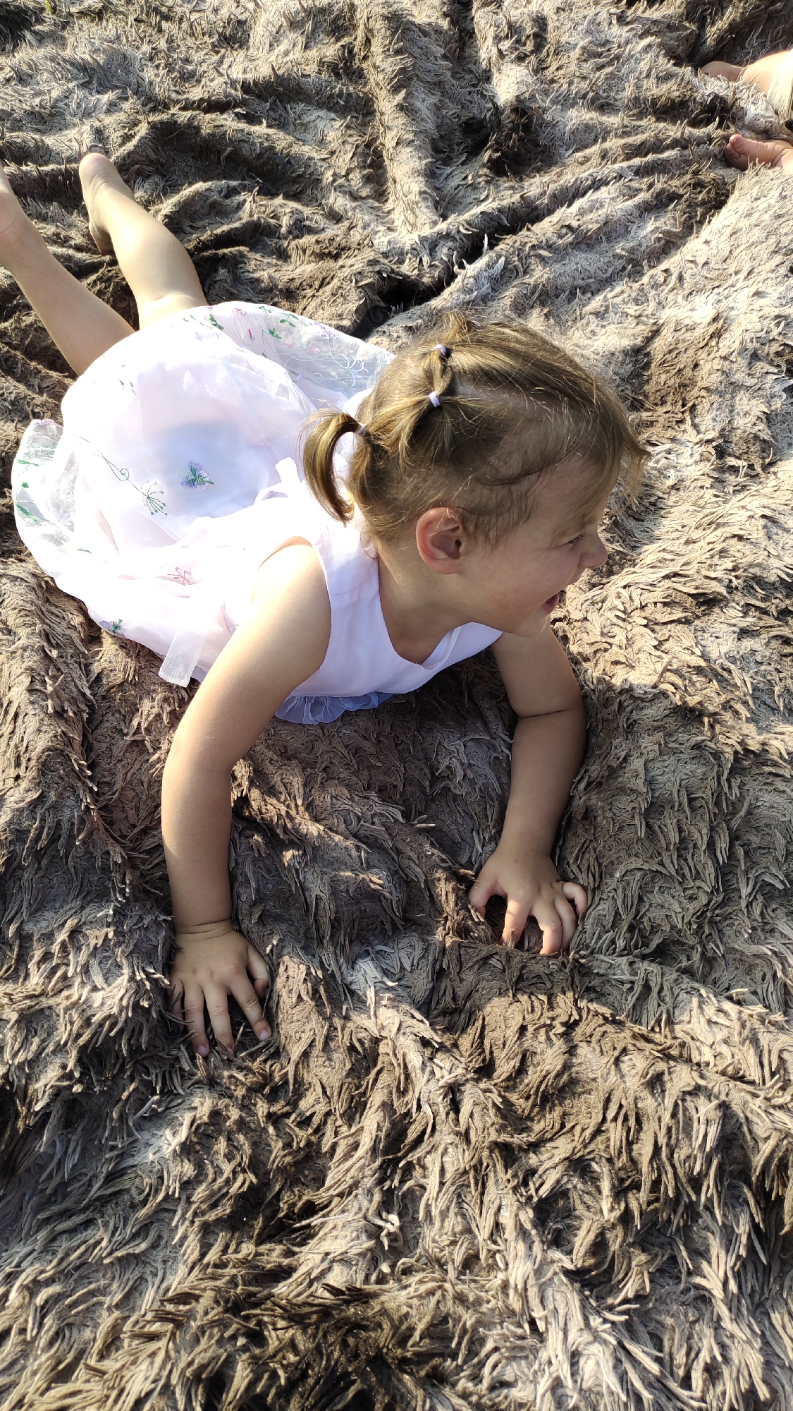 A young child is lying on a shaggy, brown blanket on the ground. The child, seen from a high angle, is wearing a light pink dress with subtle floral embroidery. They have their hair in two pigtails and are smiling while looking to their right. Their arms are bent, with their hands resting on the blanket. The ground appears to be rough and textured, possibly an outdoor setting.