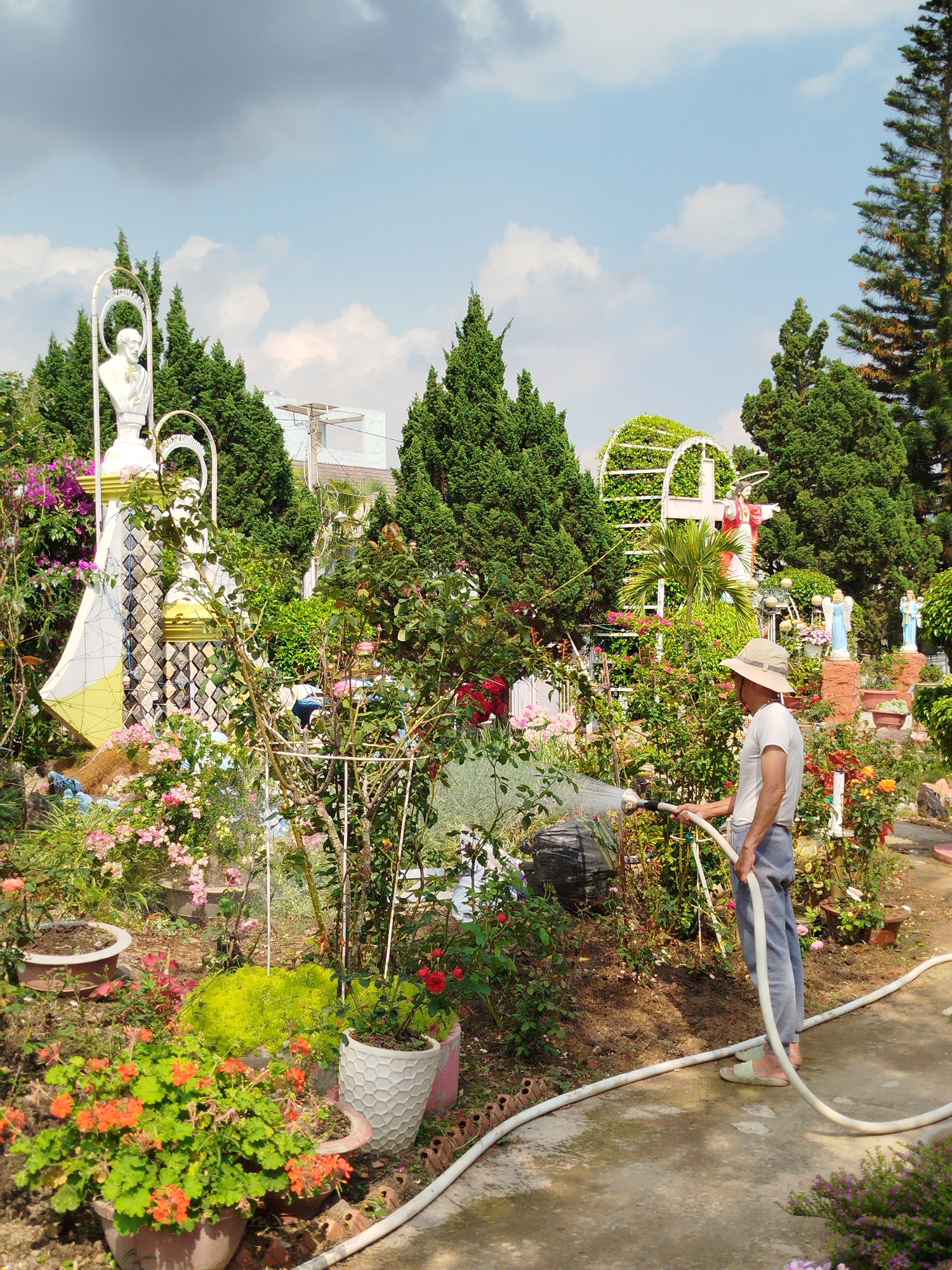An adult male is seen watering a vibrant garden in Lạc Viên A, Vietnam, under a partially cloudy sky. He wears a light-colored hat, white t-shirt, grey pants, and sandals, and is holding a hose with a spray nozzle, directing water onto the plants.
The lush garden is filled with numerous flowering plants, including various roses (pink, red, orange, yellow), bougainvillea, and green shrubs, many planted in pots. Tall, dark green coniferous trees are prominent throughout the background, lending depth to the scene.
Religious statuary is integrated into the garden landscape. On the left, a large white statue of a robed figure stands on an ornate, tiled base, with a smaller white bust featuring a halo-like archway and partially legible text (possibly "TRƯỜNG TƯỞNG" or similar) behind it. In the center-right background, a prominent red and white statue of Jesus on a cross is visible, alongside two blue angel statues on pedestals further to the right. Greenery-covered archways or trellises are also part of the garden's design.
A concrete path runs through the garden, with the white hose extending across it. Residential buildings are faintly visible in the background through the trees. The scene is brightly lit by natural daylight, suggesting mid-morning or afternoon.