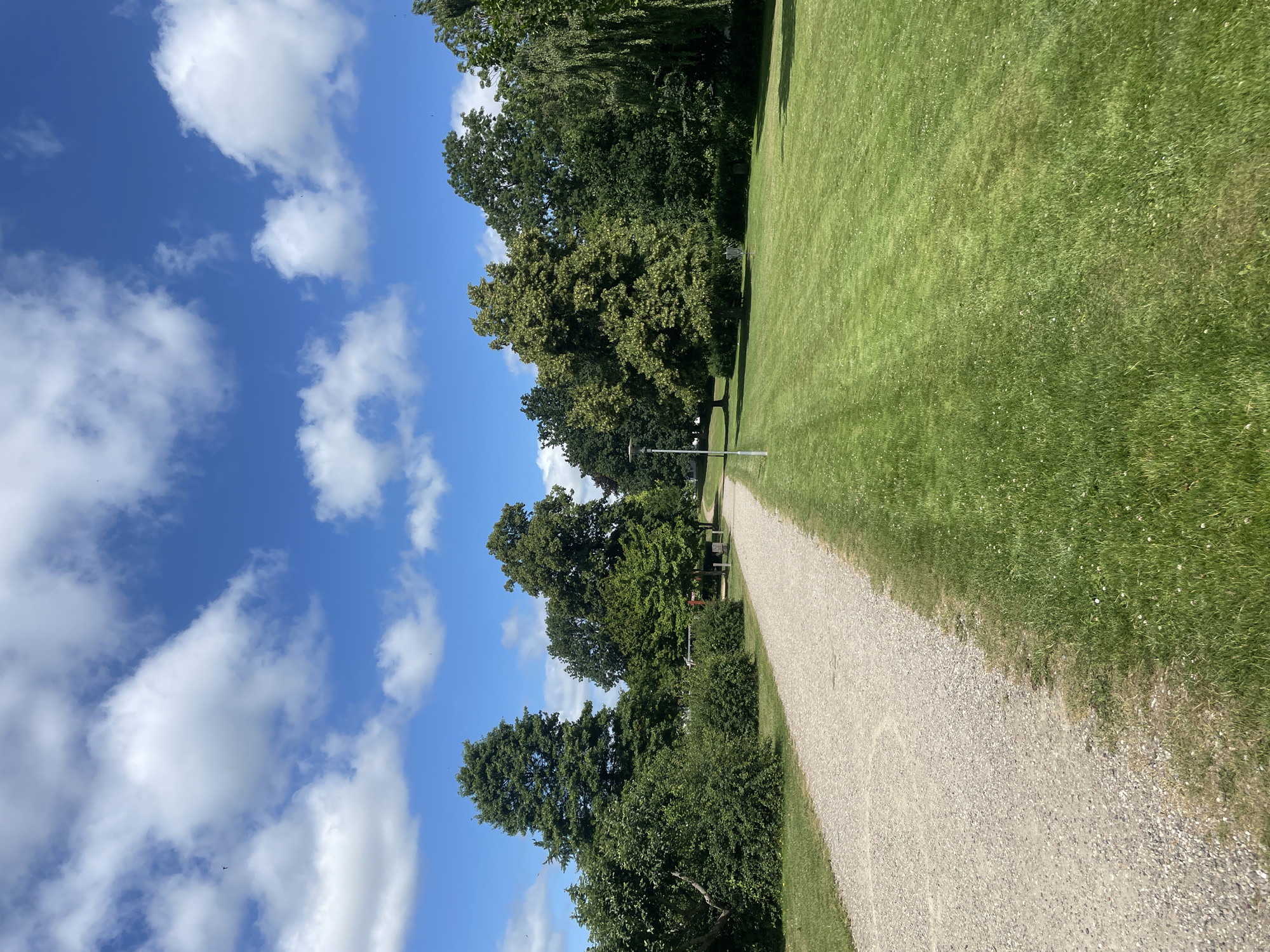 The image shows a paved path curving through a park with lush green grass and mature trees. The sky is bright blue with scattered white clouds. A lamppost stands beside the path. The scene appears to be located in Horsens, Denmark.