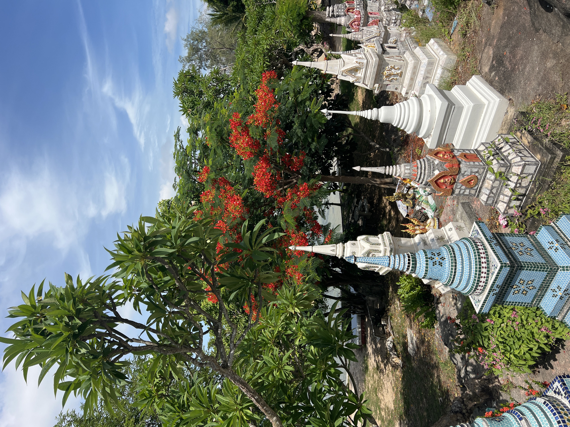 In Baan Hua Thanon, Thailand, a scenic view unfolds with a vibrant tropical landscape bordering a body of water. Dominating the foreground are numerous ornate, miniature stupas, some adorned with intricate blue tile work and decorative motifs, arranged in a tiered fashion. Among these structures, a tree with bright red-orange flowers stands out, its blossoms scattered amongst lush green foliage. A larger tree with broad green leaves is visible to the left, its branches reaching towards a clear blue sky dotted with wispy white clouds. The ground is covered with grass and scattered stones. In the background, palm trees and other vegetation line the shore, with hints of structures and furniture visible beneath the shade of the trees, suggesting a tranquil outdoor setting. There are no people present in the image.