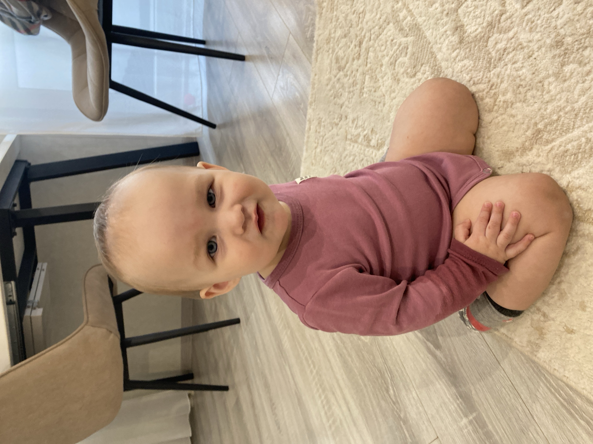 The image depicts an infant seated on the floor within an indoor residential environment in Chaikovsky, Russia. The subject is a fair-skinned infant, estimated to be between 6 and 18 months of age, possessing light hair and blue eyes. The infant wears a long-sleeved, dark pink romper, with a gray sock visible on the left foot. The child sits on a light cream-colored, textured area rug, which overlays a light wood laminate or plank floor. The infant maintains direct eye contact with the camera, displaying a neutral to slightly pouting facial expression. The background features parts of two beige fabric chairs with black metal legs and a dark-colored table or desk. A light-colored object, possibly a drawer unit, is partially visible beneath the table on the left. A sheer white curtain in the background suggests a window or light source. The scene is illuminated by ambient light.