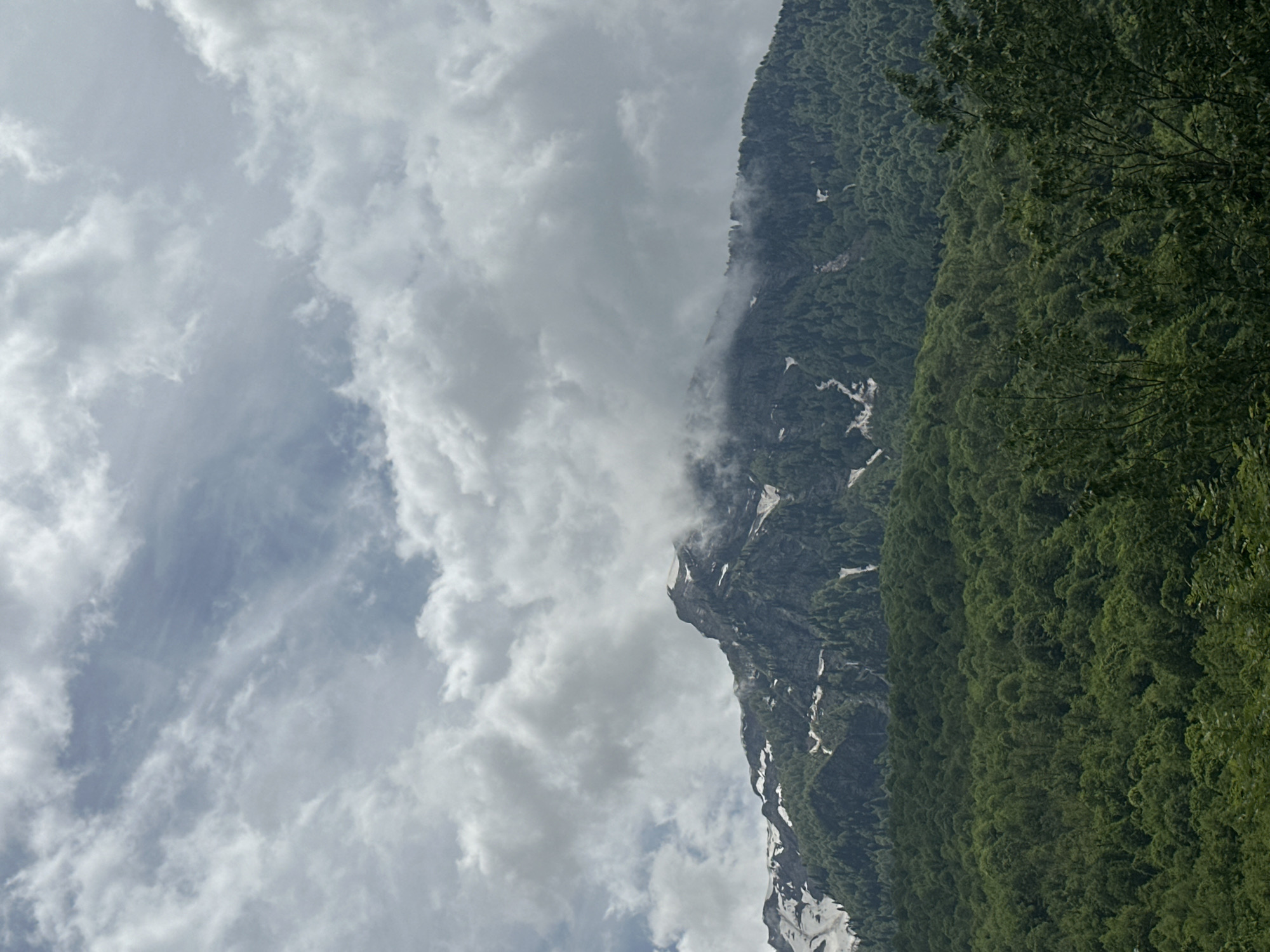 The image shows a view of mountains partially shrouded in clouds, with forested slopes extending down the mountainside. The sky is filled with mostly grey and white clouds. Patches of snow are visible on the higher elevations of the mountains. The image may be of the Krasnaya Polyana region of Russia, given its mountainous terrain and forested landscape. There are no discernible people or actions depicted in the photograph.