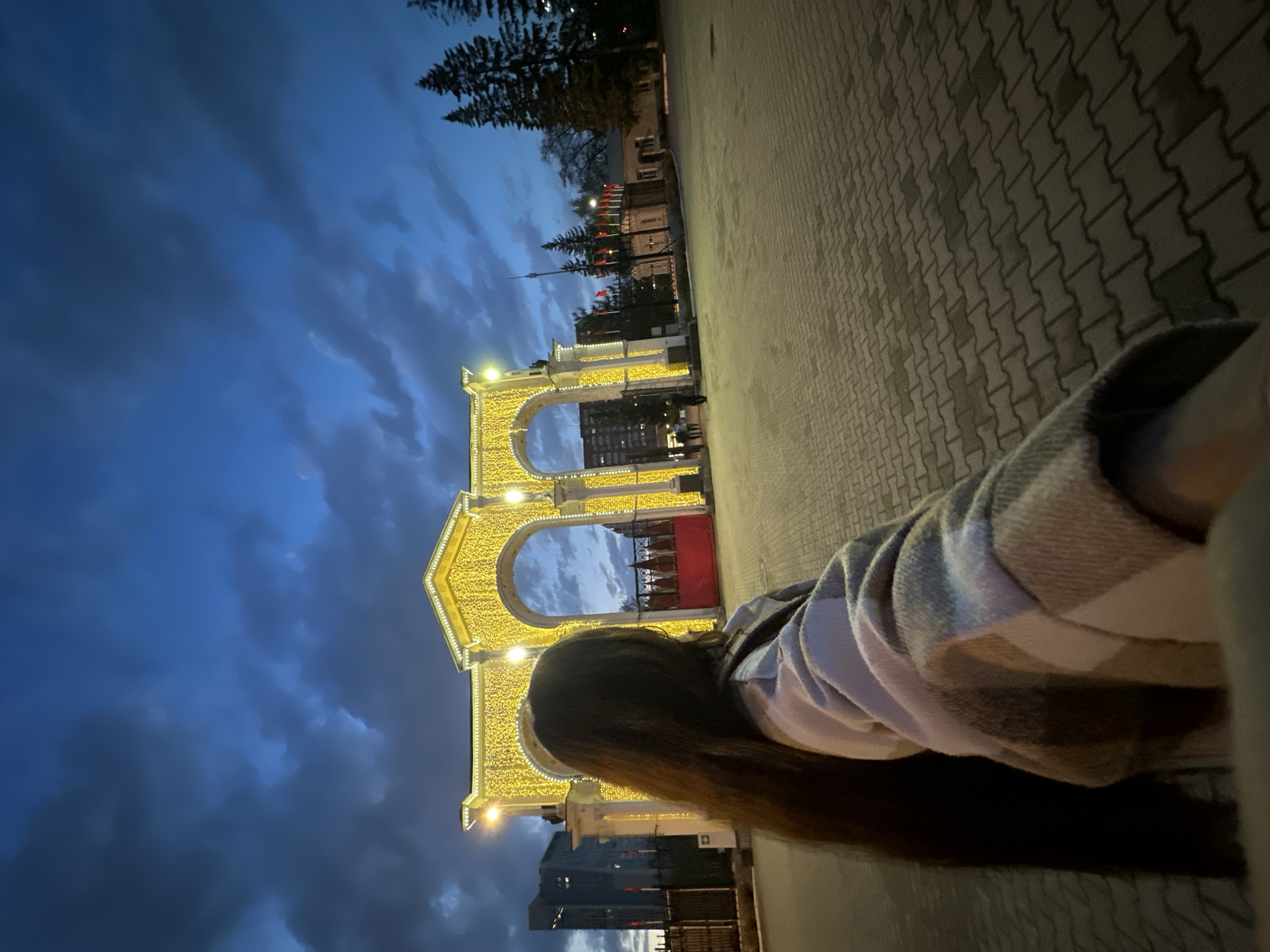 A person is taking a selfie at night in front of a large illuminated arch in the city of Yekaterinburg, Russia. The archway is made of white stone and adorned with strings of yellow lights. The sky is dark with textured clouds. The person is wearing a plaid jacket. A paved walkway is to the right. Trees and buildings are visible in the background.
