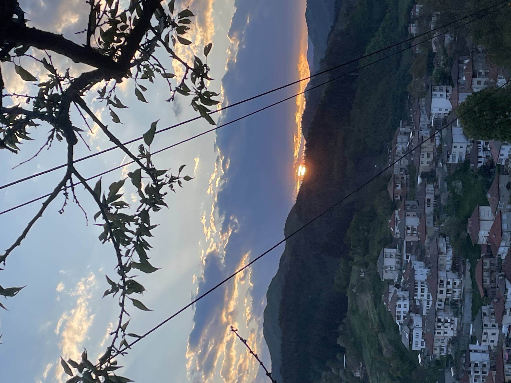 The image depicts a landscape in Zlatograd, Bulgaria, featuring a sunset over a mountain range. The foreground includes tree branches with leaves on the left side and overhead power lines. A town with closely packed buildings is visible on the right side, nestled on the hillside. The sky displays a mix of blue and cloud formations illuminated by the setting sun.