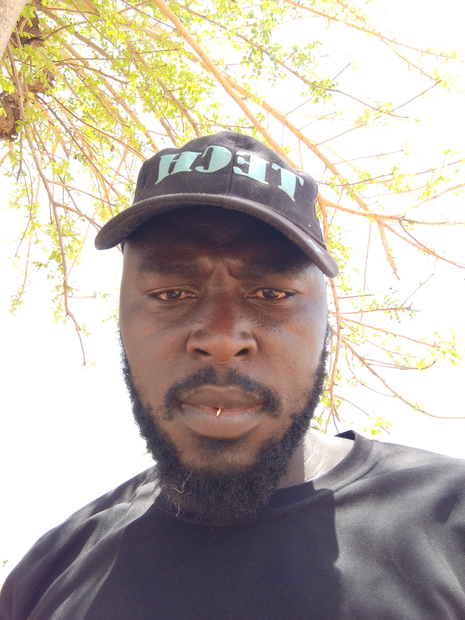 A medium-shot, low-angle selfie of a dark-skinned man wearing a black baseball cap with "TECH" printed on it. The man has a full beard and a gold lip ring. He is wearing a black t-shirt. Behind the man, branches with sparse green leaves are visible against a bright, overcast sky. The location is likely Mulke Barikin Sayejo, Nigeria, based on the prompt.