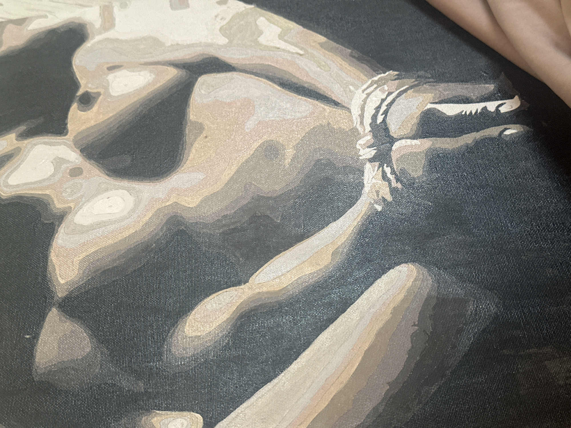 The image shows a close-up of a painting of a nude figure with their wrists tied. The painting style is blocky, with distinct color changes outlining shapes and forms. The background is dark, contrasting with the figure's lighter skin tones. The subject matter suggests a depiction of bondage. This image is not located in Высокий, Russia.