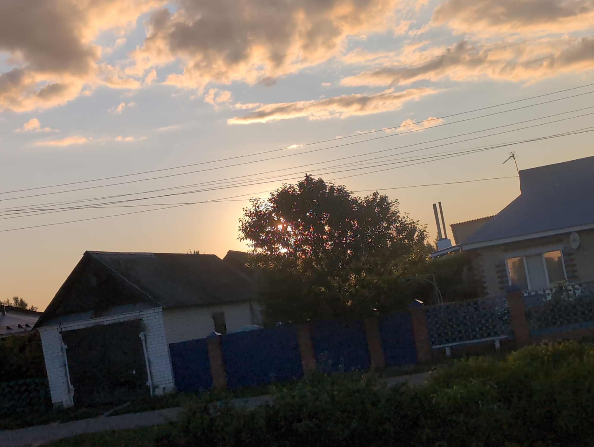 This image depicts a rural scene in Vyishki, Russia, likely during the late afternoon or early evening, as indicated by the warm, golden light of the setting sun. The sky is partially covered with dramatic, orange and white clouds, suggesting fair weather with some cloud cover.
In the foreground, dense green bushes line a path or road. Behind them, a blue fence runs horizontally across the frame, with brick posts visible at intervals. To the left of the fence is a light-colored brick building with a dark garage door. To the right of the fence is a house with a blue roof and a window reflecting the sunset. A tree with dense foliage is positioned between these two structures, with the setting sun directly behind it, creating a lens flare effect. Power lines stretch across the upper portion of the image. There are no people visible. The overall mood is tranquil and picturesque, characteristic of a rural sunset.