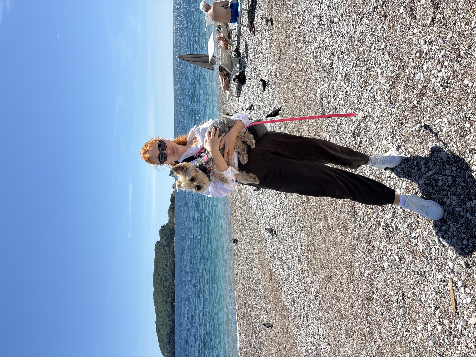 A woman with red hair and sunglasses holds two small Yorkshire Terrier dogs on a pebble beach in Budva, Montenegro. She wears a white blouse, dark pants, and white sneakers. A red dog leash is visible. In the background are the sea and the island of Sveti Nikola. People are relaxing on chairs under umbrellas near the water. Several black birds are on the beach.