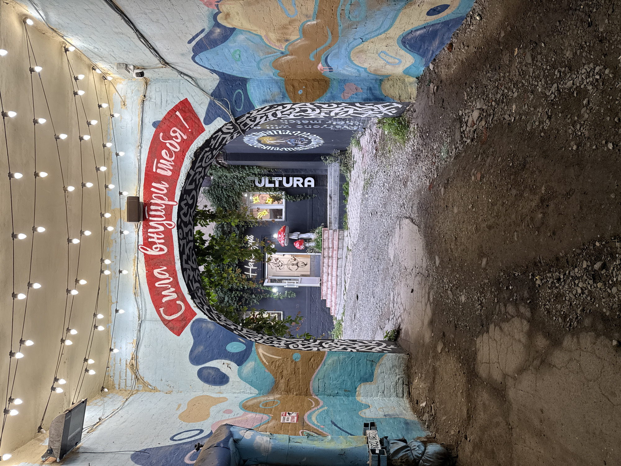 The image captures a narrow, outdoor alleyway in Vladivostok, Russia, with vibrant street art adorning the walls. A string of incandescent bulbs is strung overhead, illuminating the scene. The alleyway is partially covered by an archway decorated with black and white graffiti. On the left side of the arch, a red banner with white Cyrillic text, which translates to "Strength Within You," is prominently displayed. The walls of the alley are covered in colorful, abstract murals.
Beyond the archway, the scene opens up to a darker area where a building with an open doorway is visible. A set of stairs leads up to the entrance. Two large, stylized red mushroom sculptures stand near the entrance. The building has a dark facade with the word "CULTURA" written vertically in white letters on the right side. The ground in the alleyway is rough and unpaved, with a mixture of dirt and gravel. The overall impression is one of an urban space transformed by art and light. There are no people visible in the image.