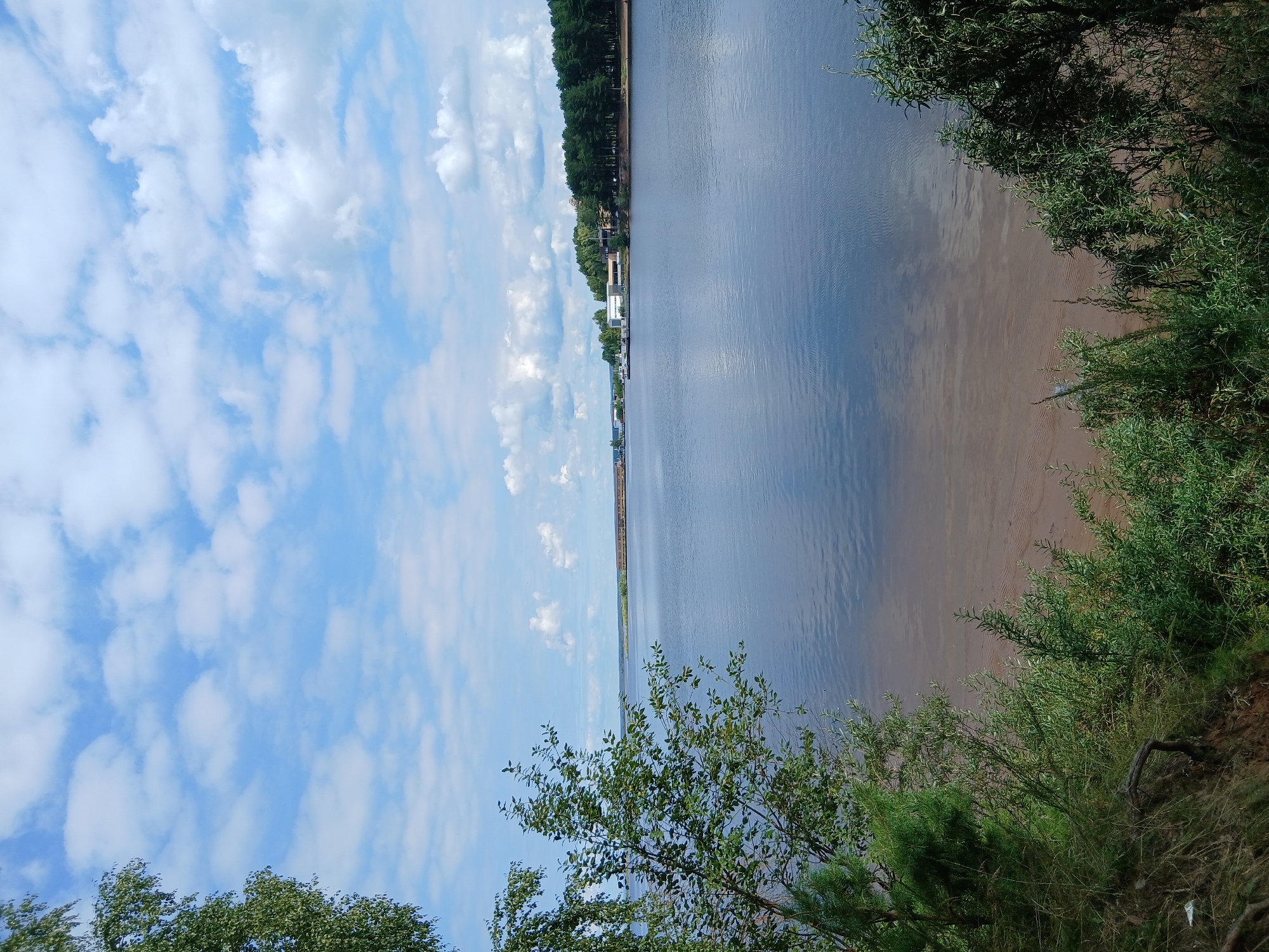 A wide, tranquil river stretches across the frame under a bright blue sky dotted with fluffy white clouds. The water reflects the sky, creating a smooth, mirror-like surface with subtle ripples. The foreground is dominated by lush green vegetation, including trees and shrubs, growing on a sandy bank. In the distance, across the river, a tree-lined shore is visible, with a few buildings and some moored boats. The overall scene depicts a peaceful natural landscape.