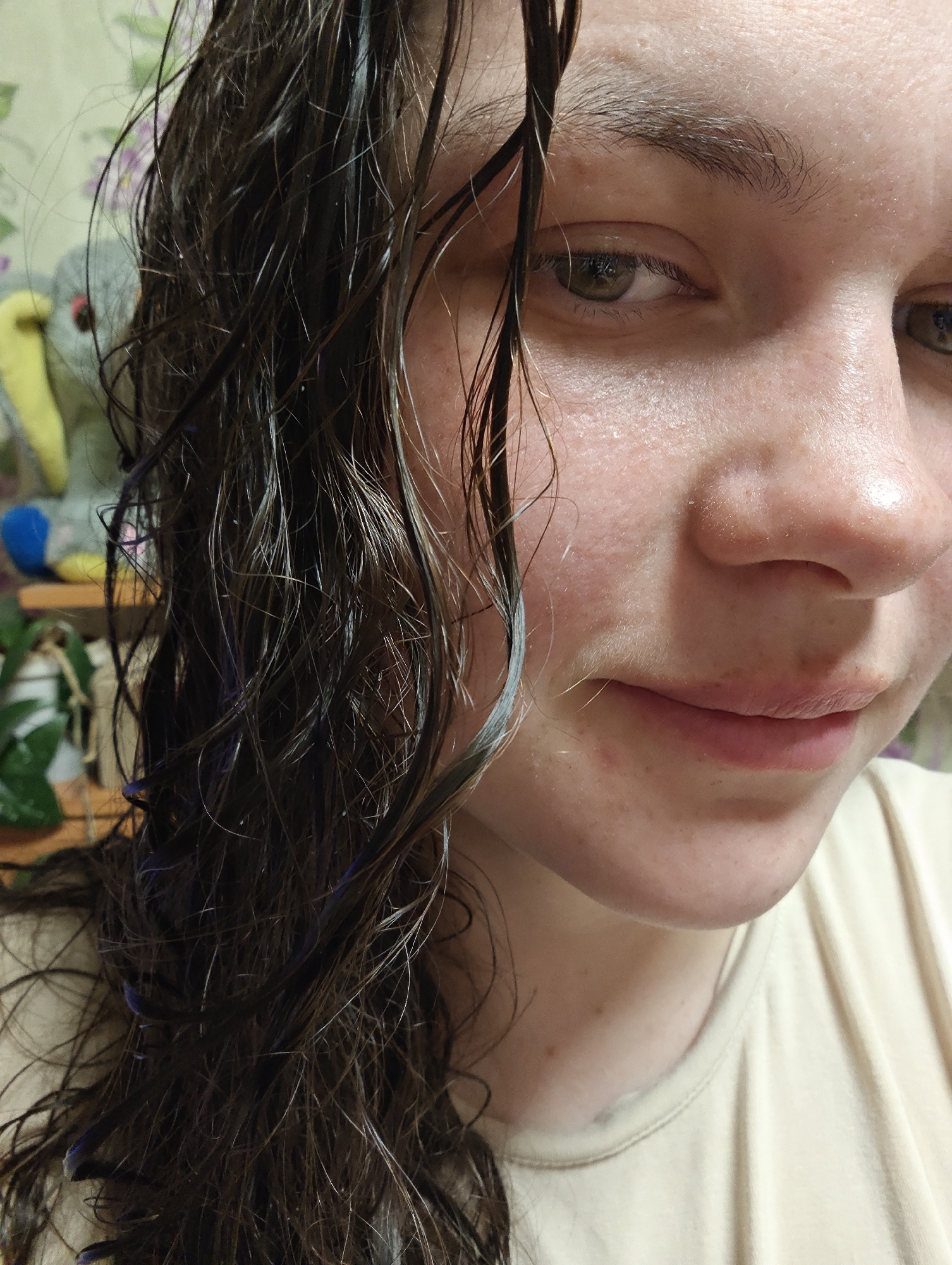 A close-up image depicts a person with wet, dark brown hair framing the left side of the face. The hair has hints of blue dye. The person's skin appears fair with some visible pores and freckles. The eyes are green, and the person has a slight, subtle smile. The background is blurry, but hints of a stuffed animal and indoor plants can be discerned. There is no information to verify that the image was taken in the city of Уральское, Russia.