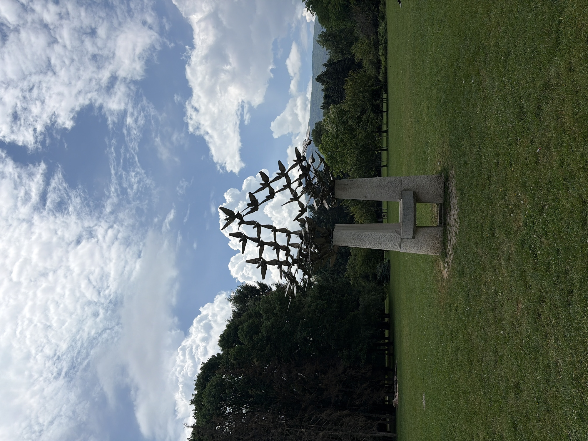 This is a full-frame, eye-level, outdoor, daytime photograph of a metal bird sculpture in Sofia, Bulgaria. The sculpture, which resembles a flock of birds in flight, is situated in a grassy park. The sculpture is made of dark metal and stands on two light-colored, rectangular stone pillars that are joined at the base by a horizontal stone element. The sculpture is positioned slightly off-center to the right, with the vast majority of the frame filled with the sculpture and its immediate surroundings.
The park features a lush green lawn with scattered dandelions. In the background, dense trees form a dark green wall on the left side of the frame. Further to the right and in the background, more trees, some appearing lighter green, are visible, with a gentle mountain range on the horizon. The sky above is a vibrant blue, filled with numerous fluffy white cumulus clouds. The overall atmosphere is serene and natural. The sculpture is an artistic representation of unity and freedom.
