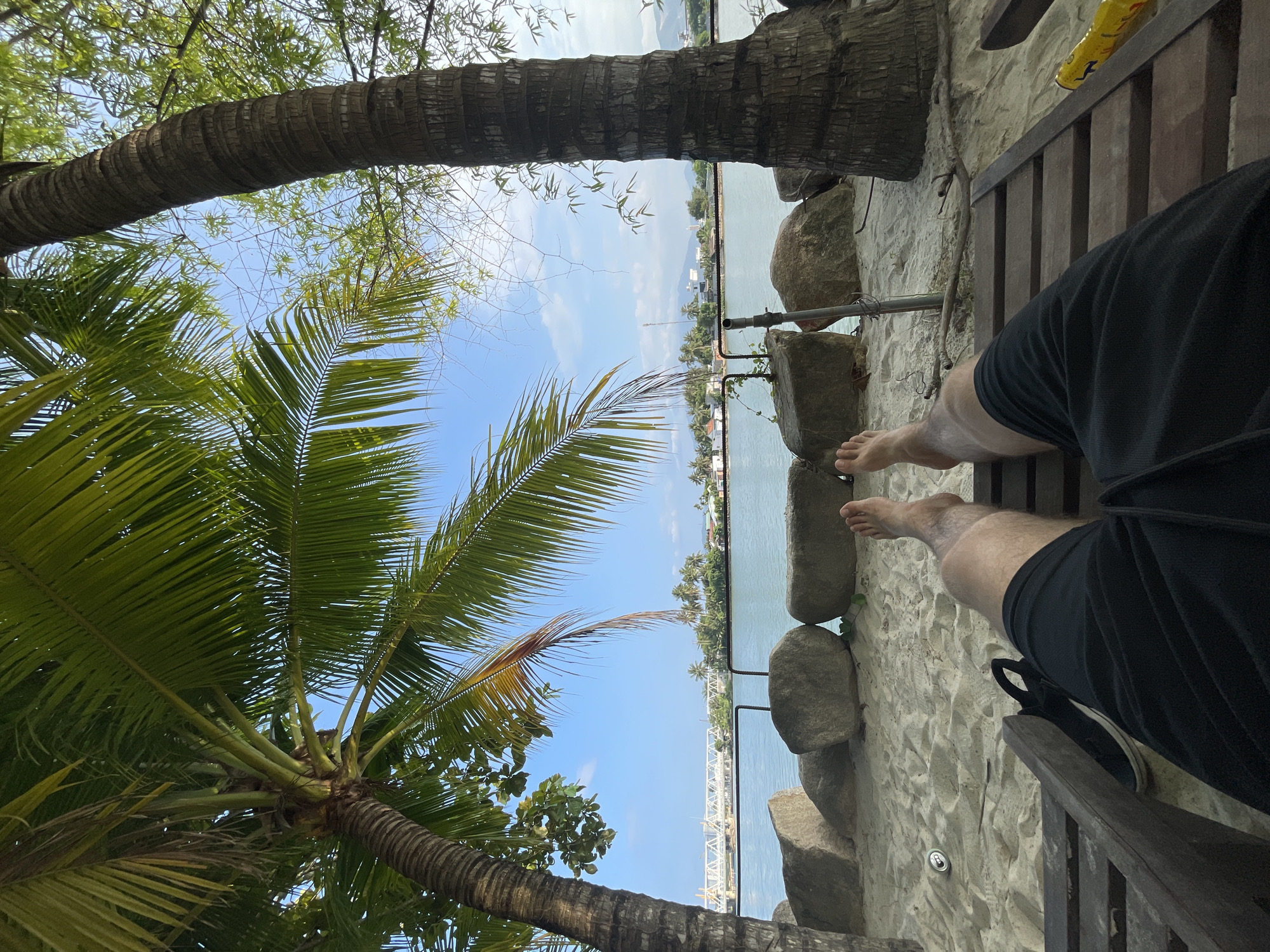 A low-angle shot depicts a person reclined on a wooden lounge chair beside a sandy area near water, possibly a beach, in the Tay Natural Heritage Area in Trang, Vietnam. The individual is wearing black shorts, and their bare feet are visible extending from the chair. The sandy area is bordered by large rocks. Palm trees, prominent in the foreground, and other trees frame the scene. In the distance, across the body of water, is land with buildings and vegetation. A bridge spans part of the water in the far distance. The sky is blue with some clouds. A section of the wooden lounge chair is visible to the right. A can is on the sand.