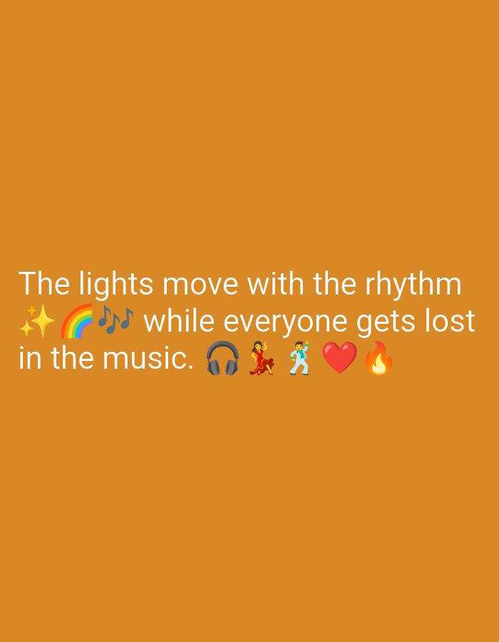 This is a digital image with an orange background. White text overlayed on the image reads: "The lights move with the rhythm 🌟🌈🎶 while everyone gets lost in the music. 🎧💃🕺❤️🔥". The text appears to be a quote or caption, accompanied by several emojis: stars, a rainbow, musical notes, headphones, a woman dancing, a man dancing, a heart, and a fire. The image is a graphic design and does not depict any specific location in Kebondalem, Indonesia.