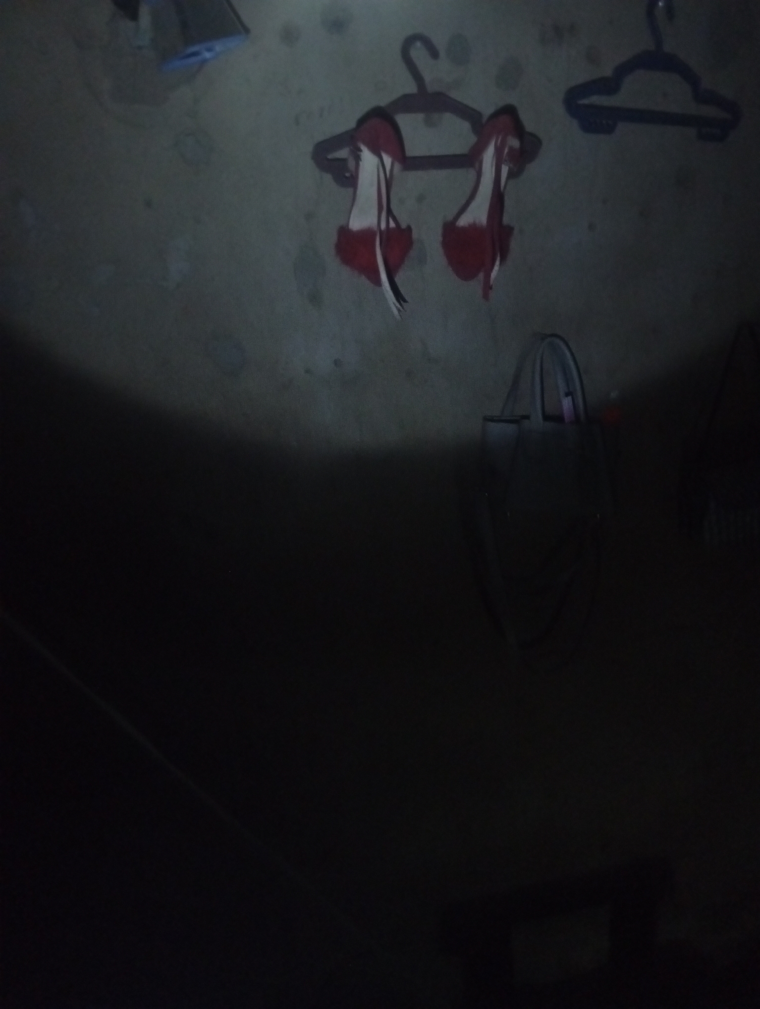 The image shows a close-up of a wall with various objects hanging from it. On the left, a pair of red high heels is hanging from a wooden hanger. To the right of the shoes, a dark blue plastic hanger is visible. Further to the right, a light-colored handbag with dark straps is hanging. The background appears to be a textured wall, possibly concrete or plaster, with some water stains or marks. The lighting is dim, with a spotlight effect emanating from the left side of the frame, casting shadows on the wall and obscuring details on the right side of the image. The scene is indoors, with no specific city or location identifiable.