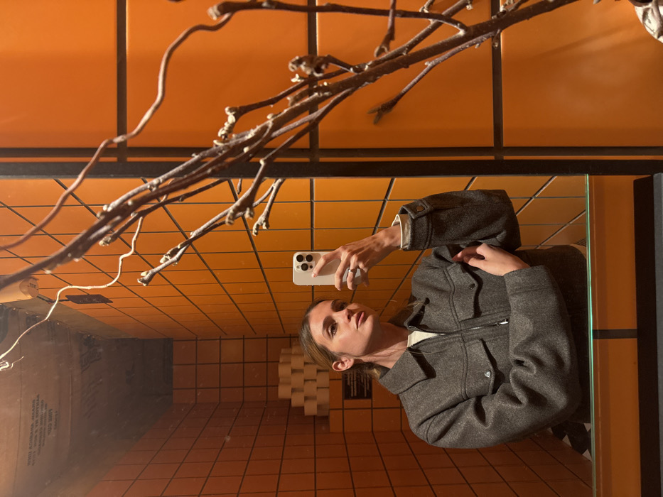 A female subject is observed taking a self-portrait using a white smartphone in a mirror, located within an indoor restroom in the city of Unknown, Unknown. The subject is an adult female with light-colored hair, wearing a dark grey zippered jacket over a light-colored long-sleeved top. A ring is visible on her left ring finger. Her gaze is directed towards the smartphone. The surrounding environment consists of walls covered in bright orange square tiles. In the reflected background, a stack of white toilet paper rolls is visible on a shelf against the tiled wall, below which a dark rectangular sign is partially obscured. The ceiling appears dark. A decorative arrangement of bare, dark brown tree branches with small buds occupies the right foreground, partially obscuring the orange tiled wall behind it. The base of the mirror features a dark frame, reflecting a faint black and white patterned surface below.